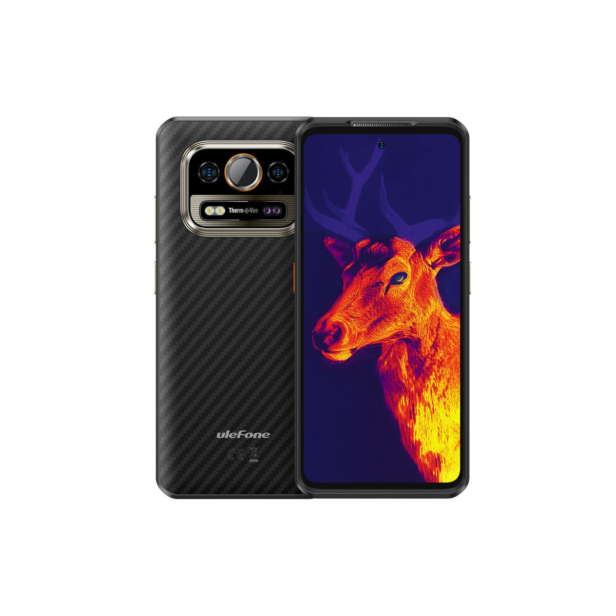 Uno smartphone con termocamera mostra un'immagine termica di un cervo.