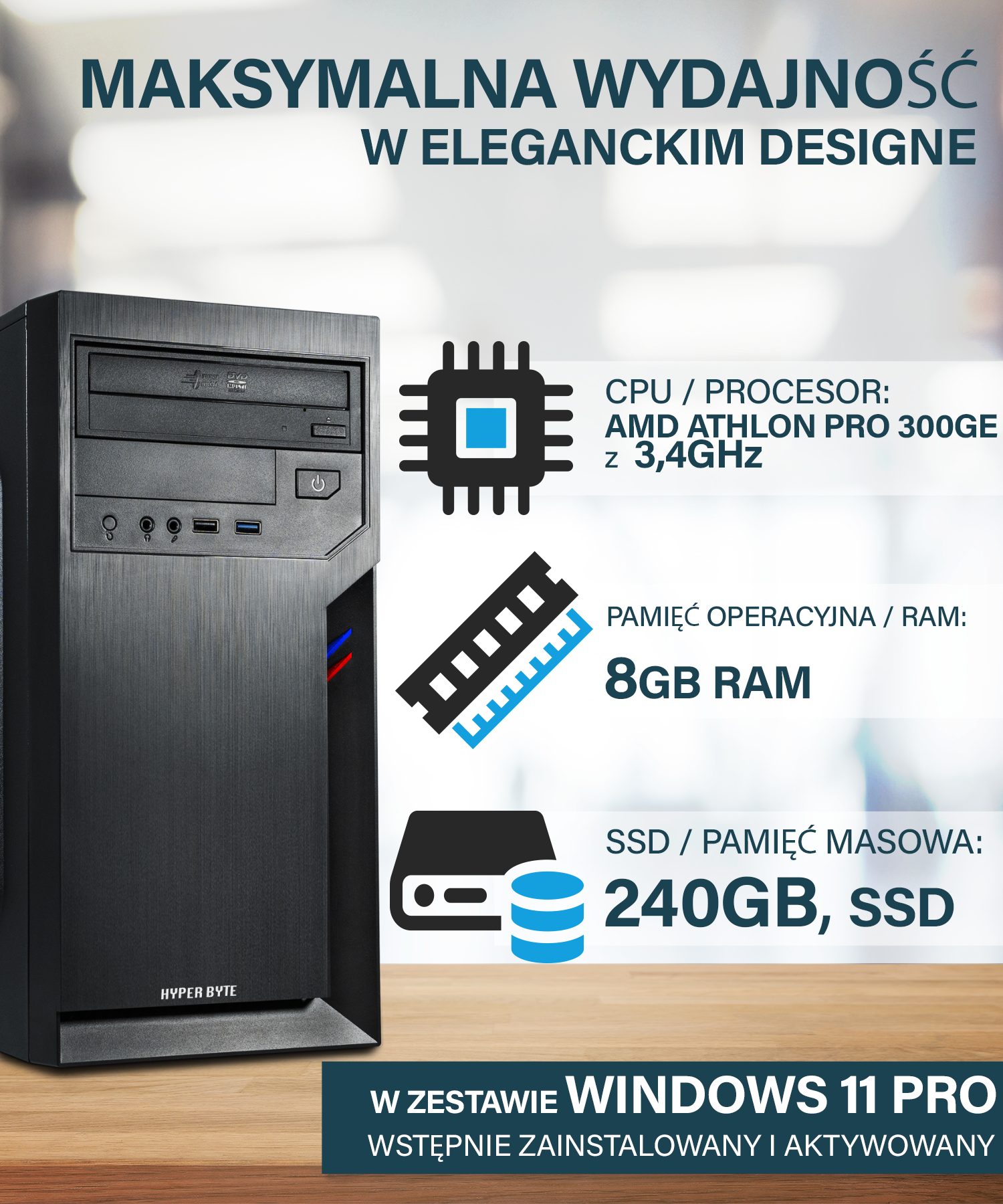Czarny komputer stacjonarny z procesorem AMD Athlon PRO 300GE, 8GB RAM.