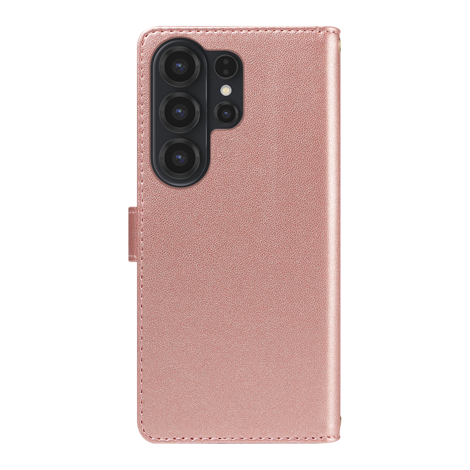 Custodia per telefono rosa oro con array di fotocamere a sinistra.