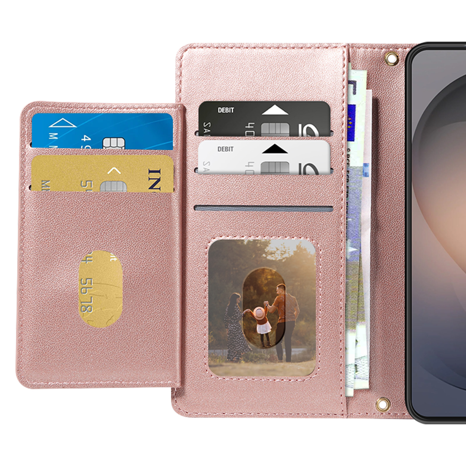 Custodia rosa per telefono con slot per carte, contanti e foto di famiglia.