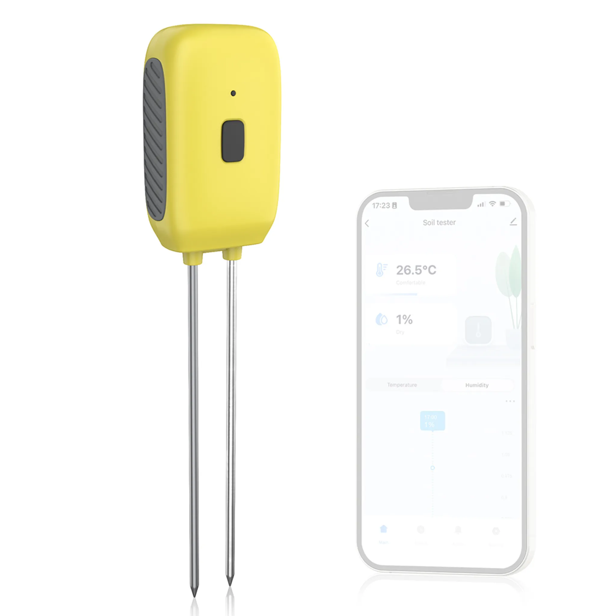 Ein gelber Bodenfeuchtemesser mit zwei Metallspitzen und daneben ein Smartphone mit Soil Tester App.