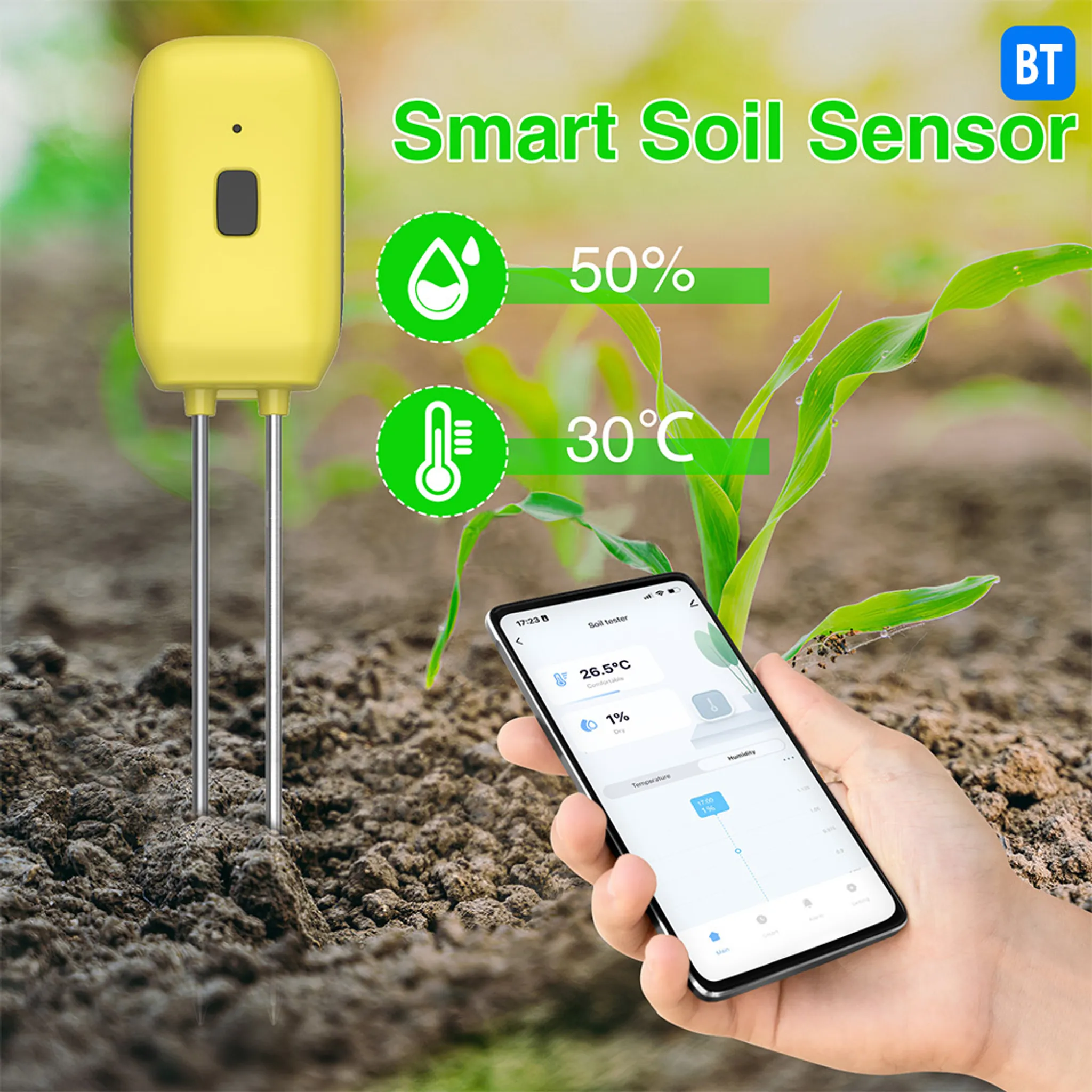 Gelber Bodensensor mit Metallspitzen, daneben eine App auf dem Handy und Pflanzen.