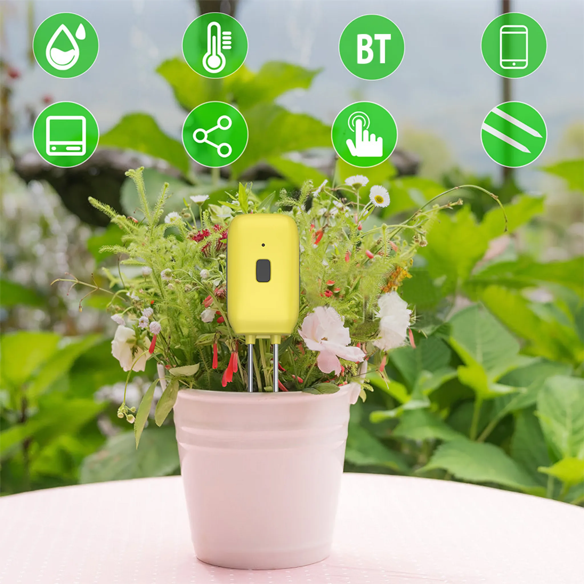 Ein gelbes Pflanzenthermometer steckt in einem Topf mit Blumen, umgeben von grünen Blättern.