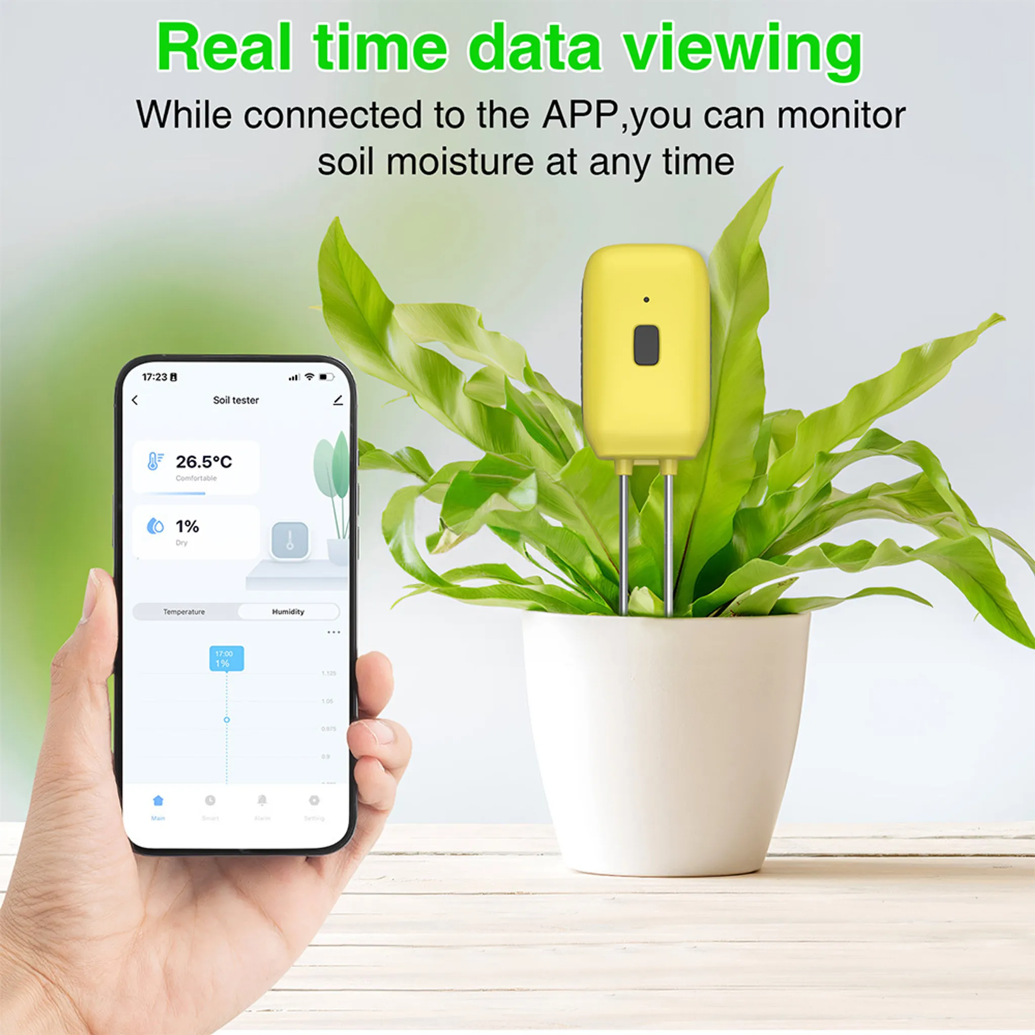 Ein gelber Bodenfeuchtesensor steckt in einer Pflanze, daneben ein Smartphone mit App.