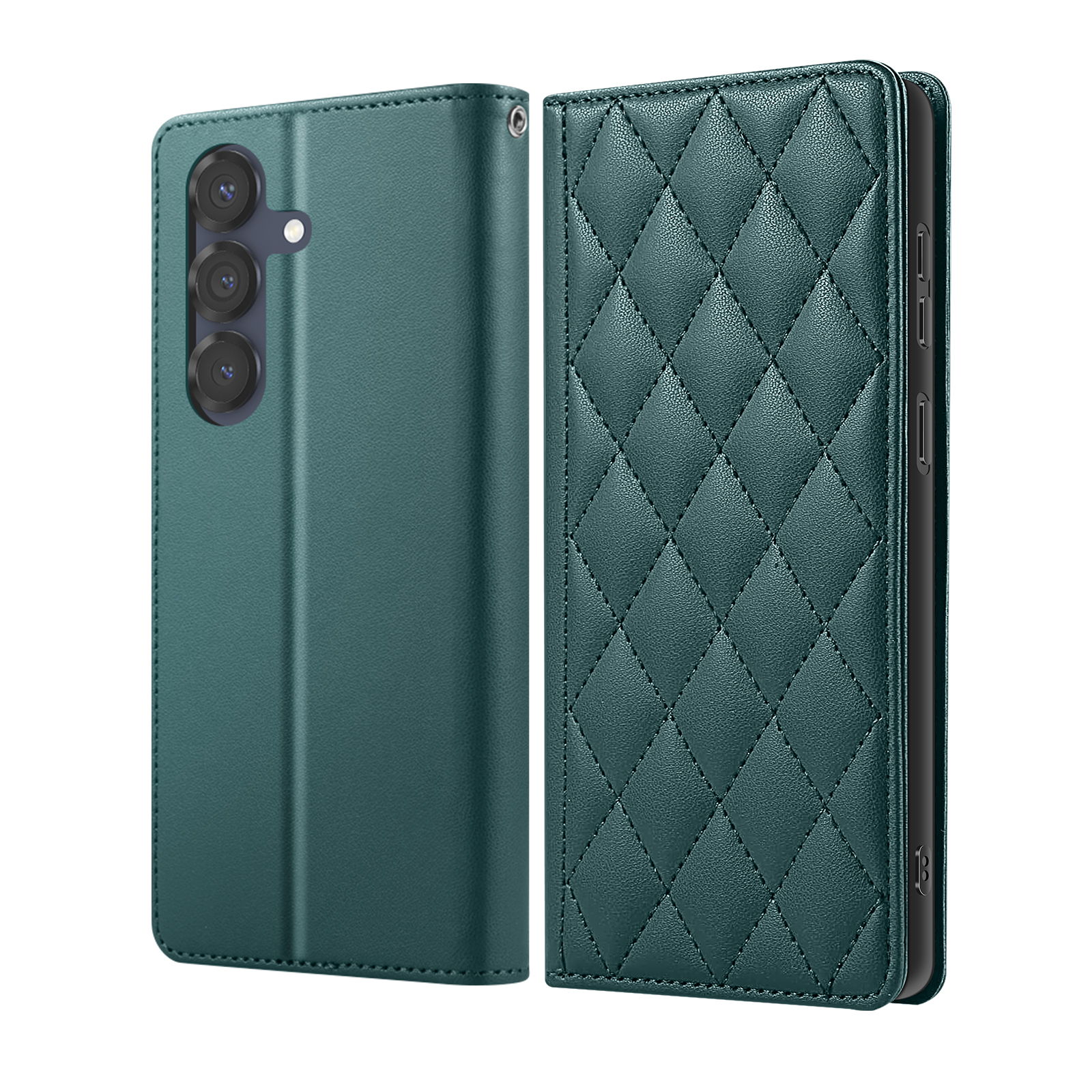 Custodia verde per telefono con design trapuntato e apertura.