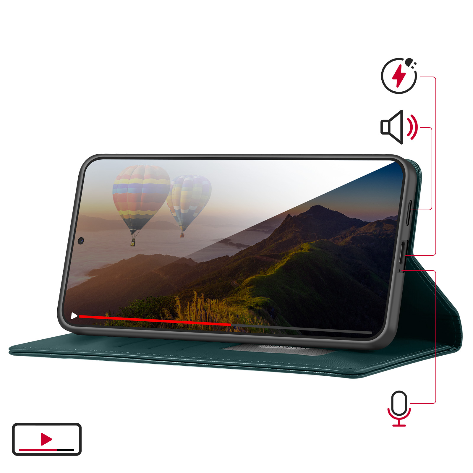 Uno smartphone in una custodia che mostra un video di due mongolfiere sopra le montagne.