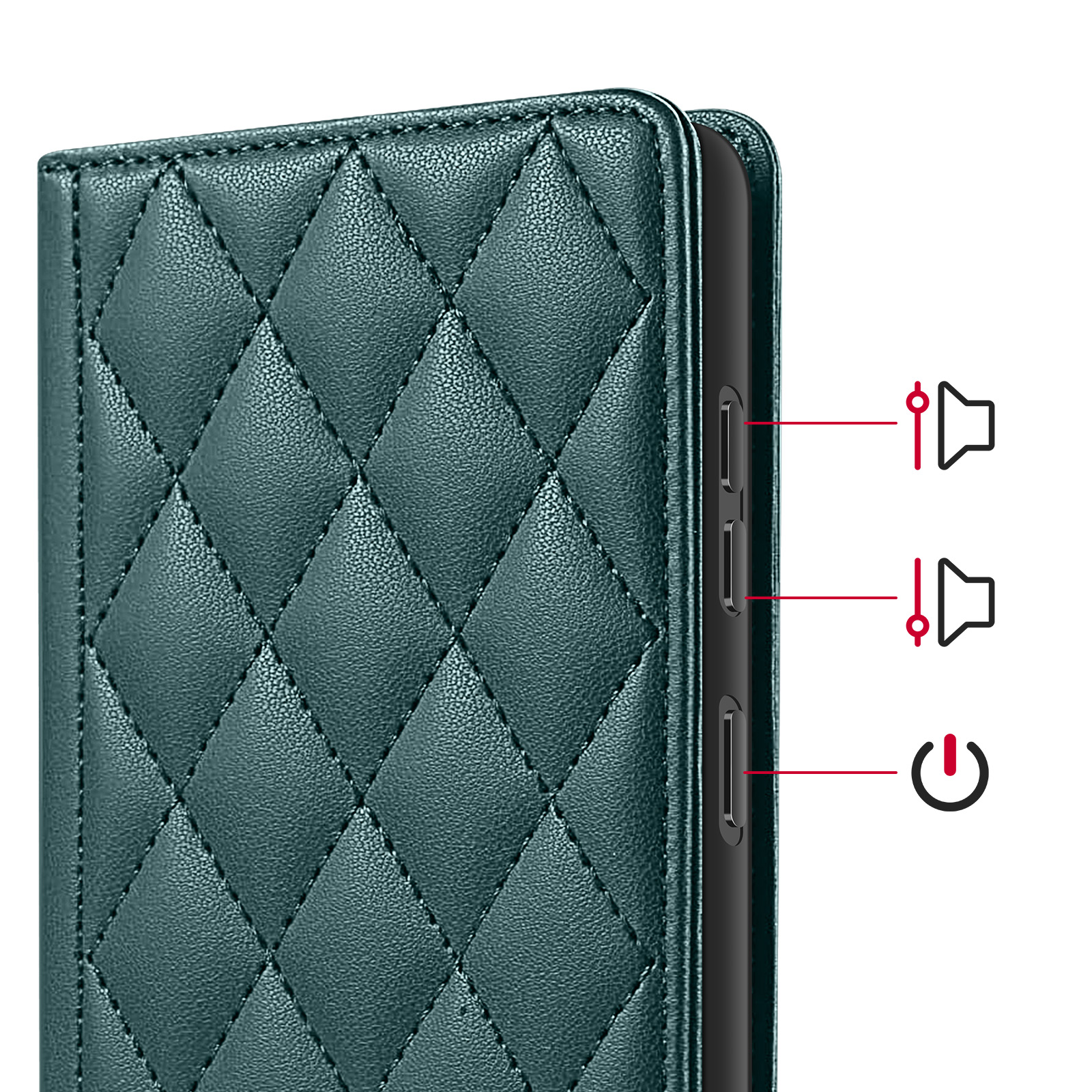 Custodia per telefono trapuntata verde con pulsanti volume e accensione.