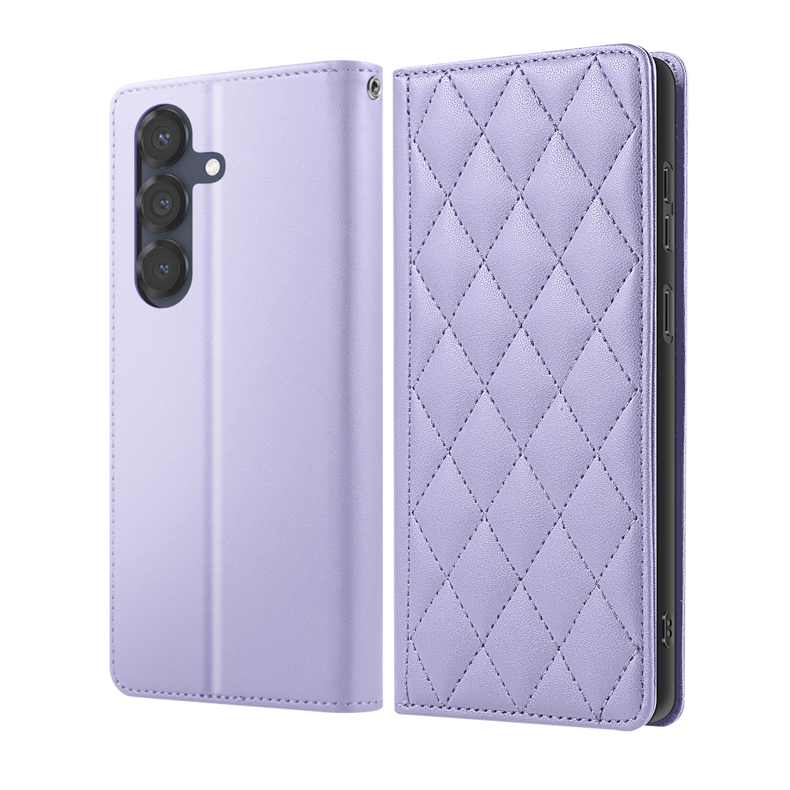 Una custodia per telefono trapuntata lavanda con ritaglio per tripla fotocamera è mostrata aperta e chiusa.