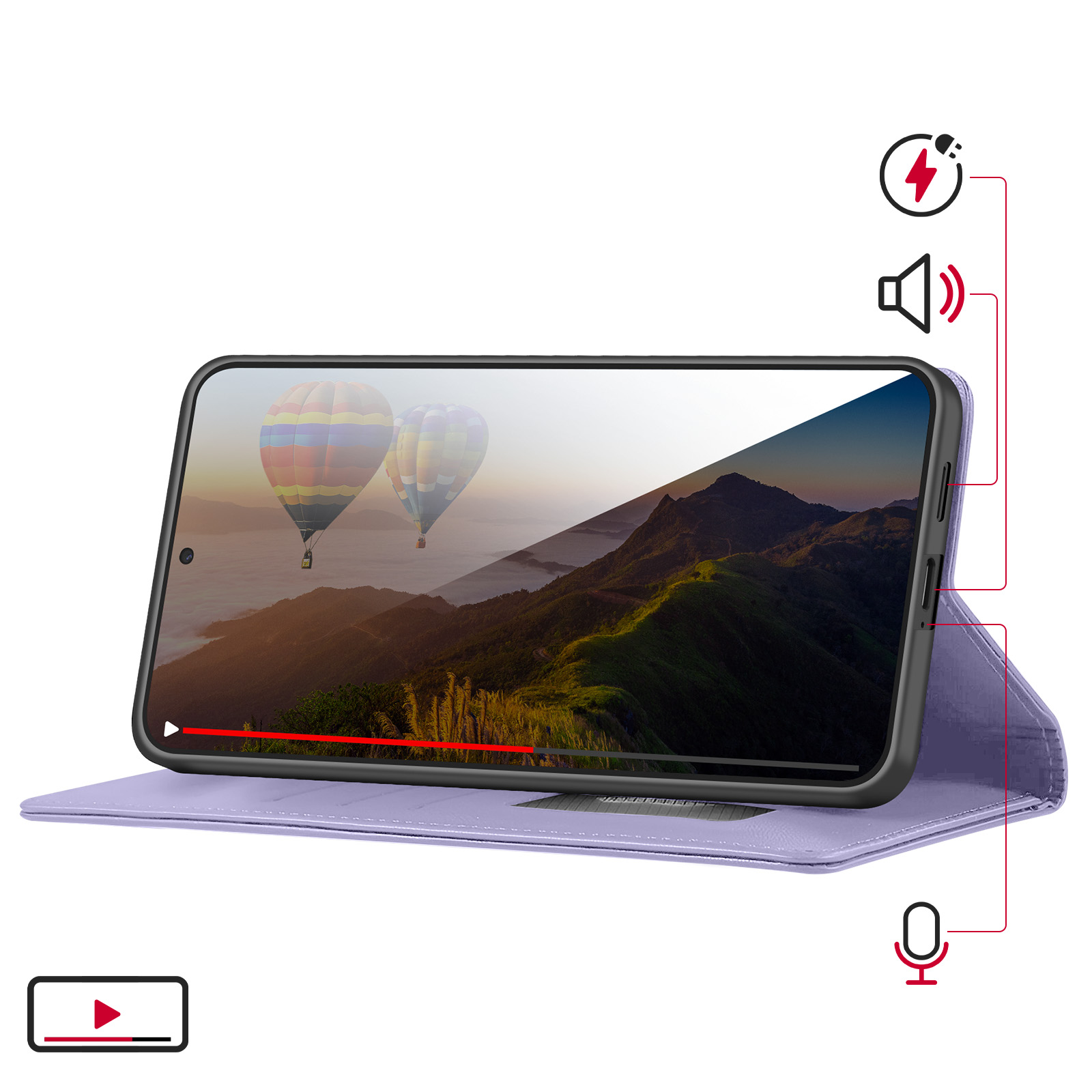 Custodia viola per smartphone con video di due mongolfiere sopra le montagne.