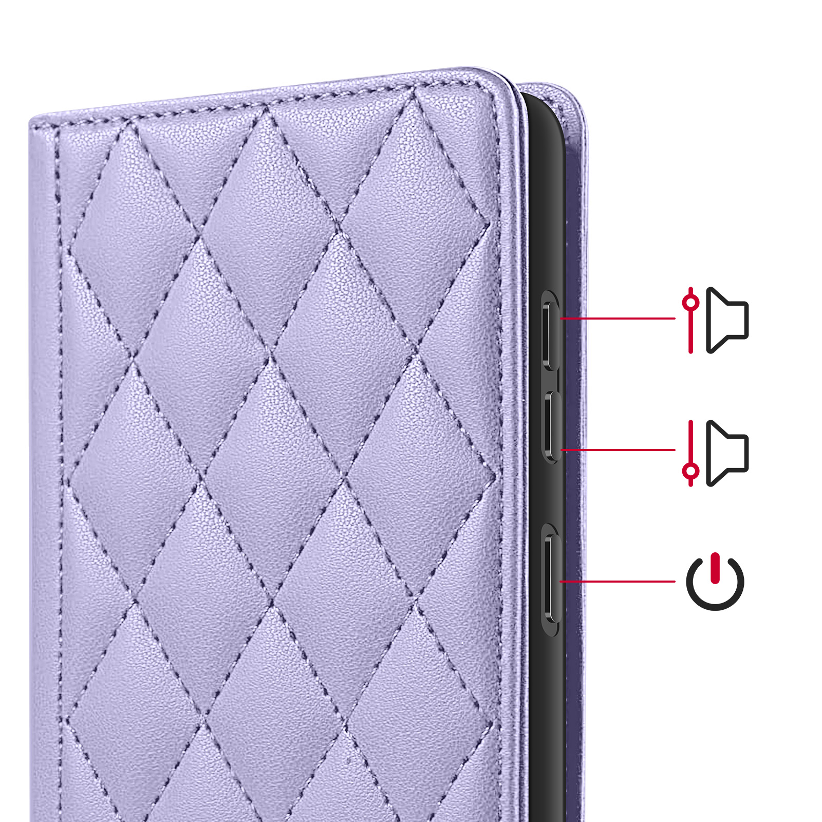 Custodia viola trapuntata per telefono che mostra i pulsanti volume e accensione.