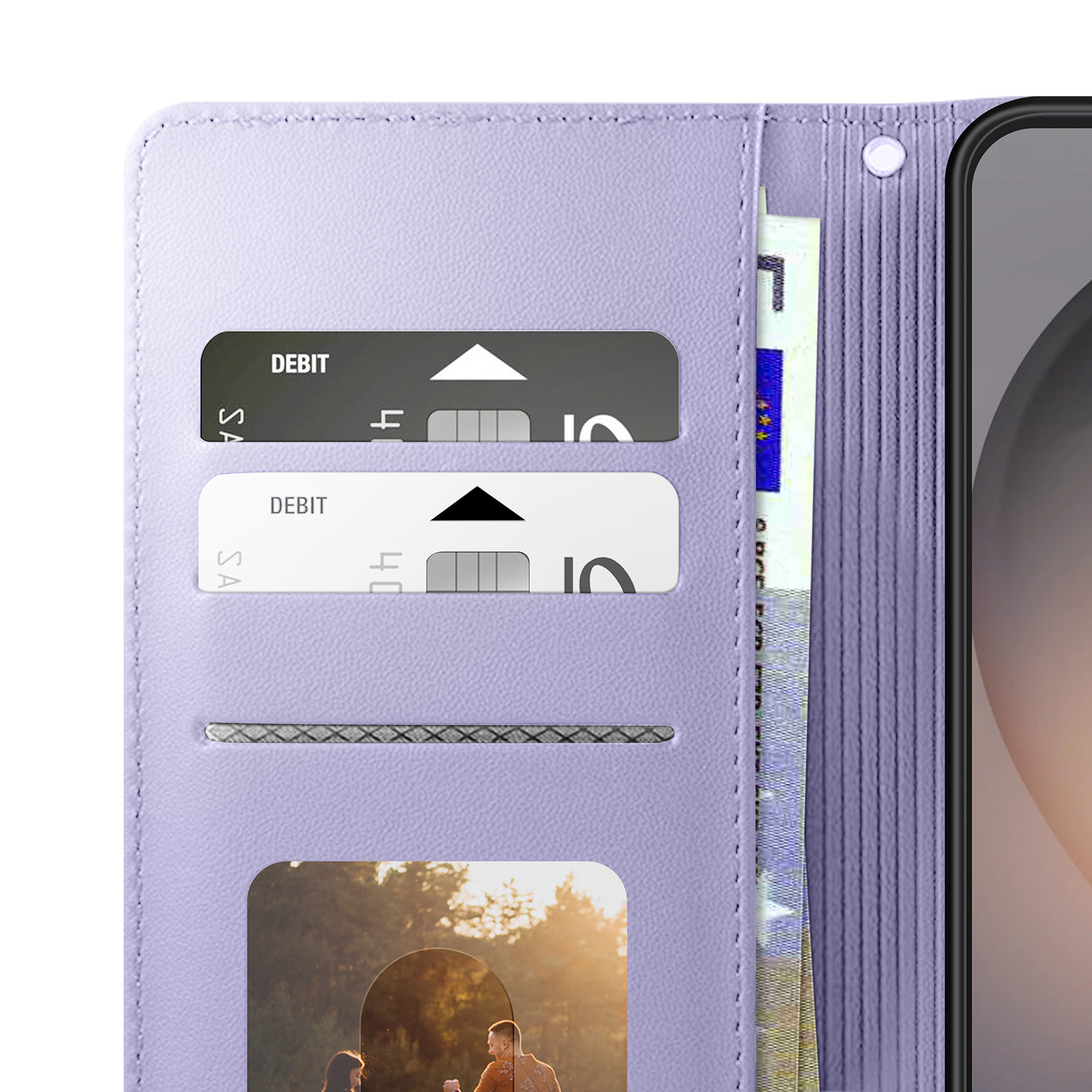 Custodia viola per telefono con scomparti per carte, banconote e foto.