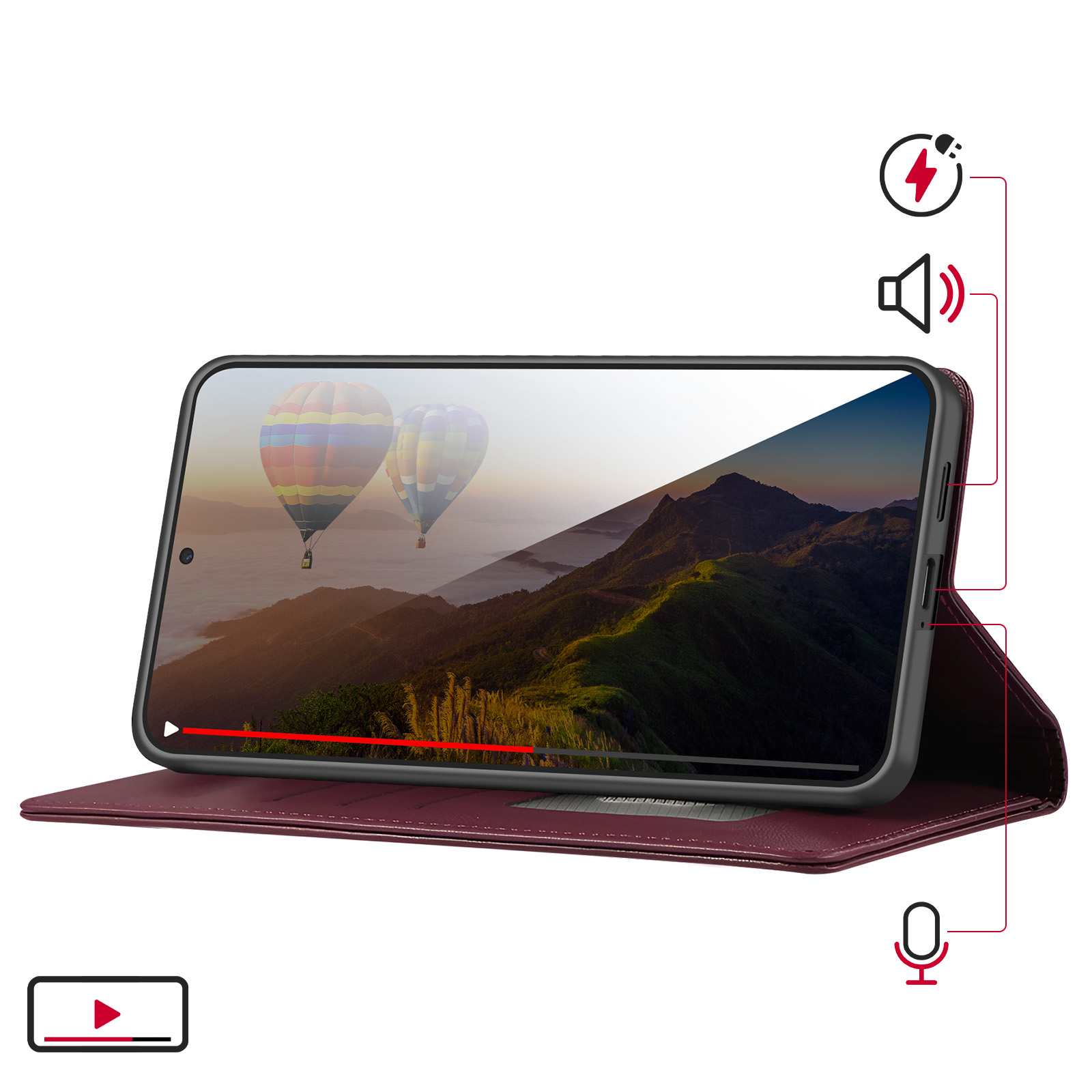 Uno smartphone in custodia rossa mostra due mongolfiere colorate su un paesaggio montano nebbioso.