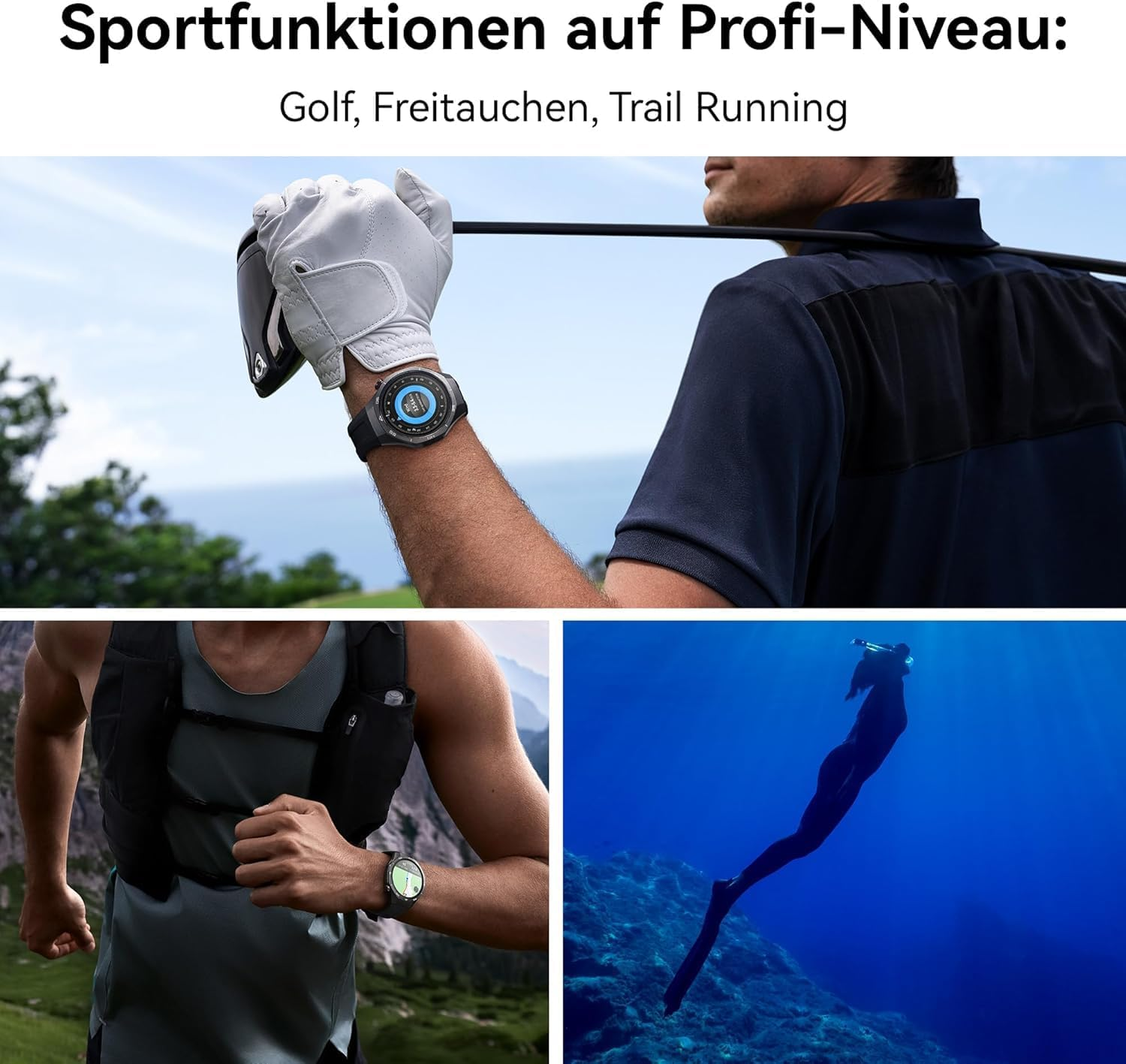 Uomo in abbigliamento da golf, trail runner e apneista. Smartwatch.