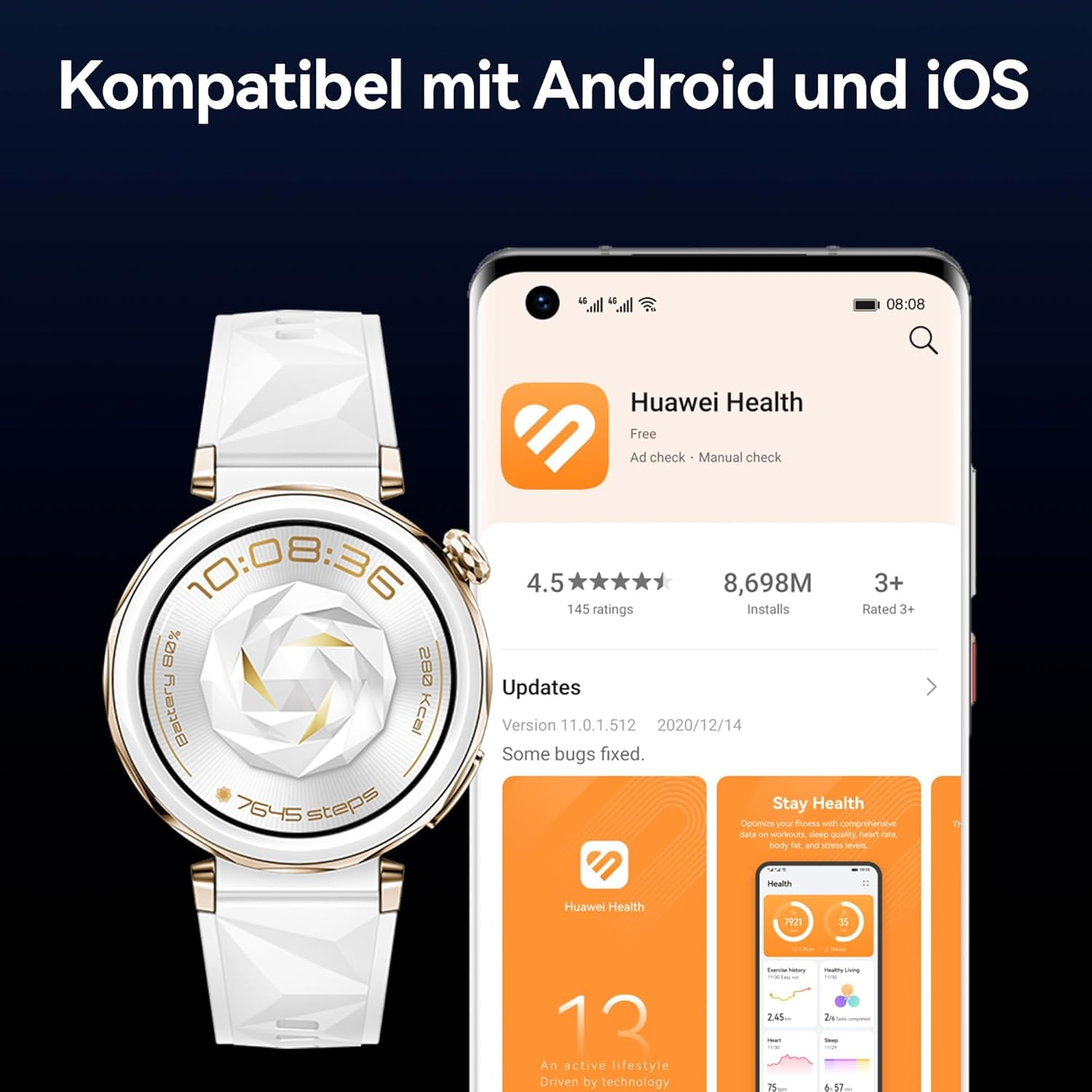 Uno smartwatch bianco accanto a uno smartphone che mostra l'app Huawei Health.
