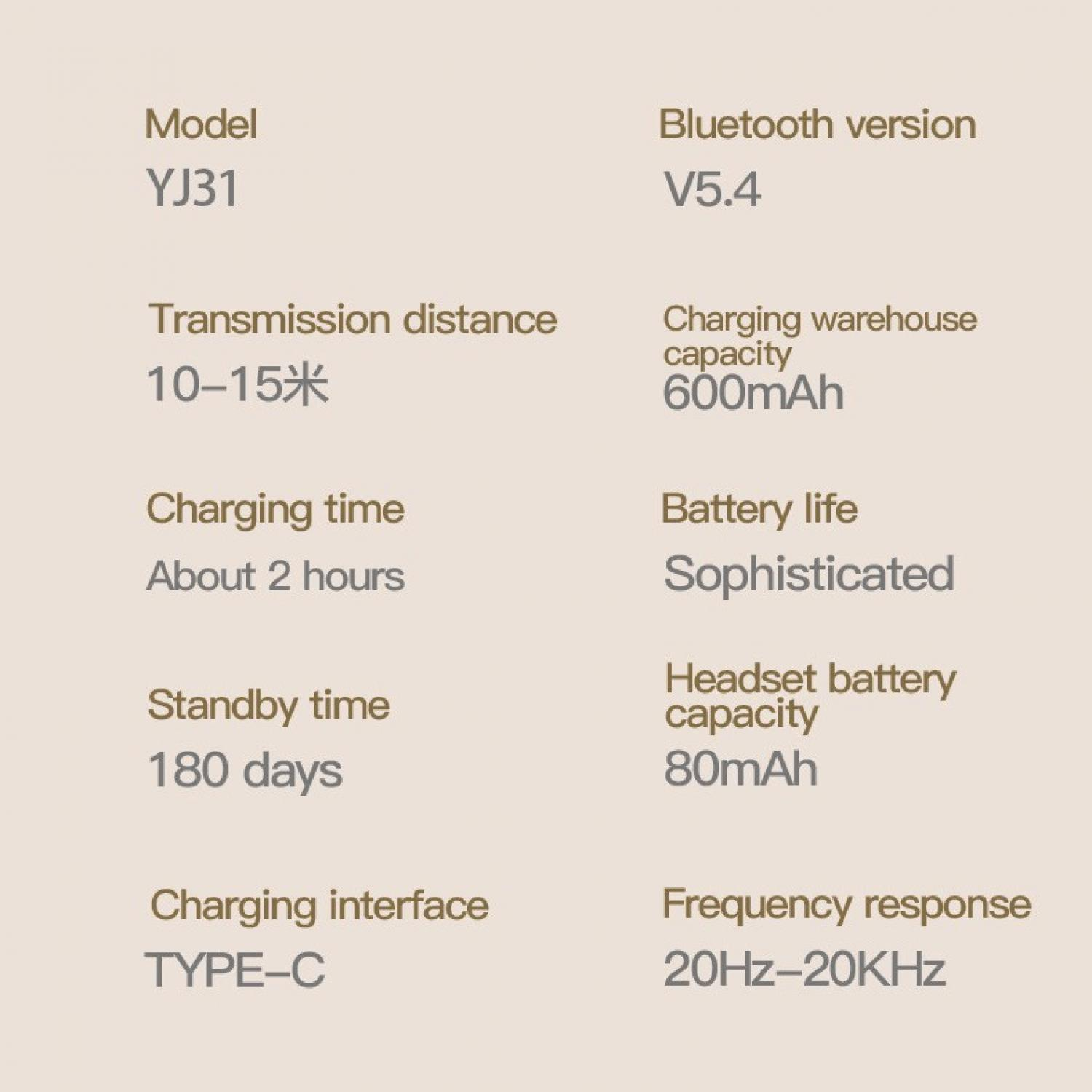 Technische Daten: Modell YJ31, Bluetooth V5.4, Reichweite 10-15m, Ladezeit 2h.