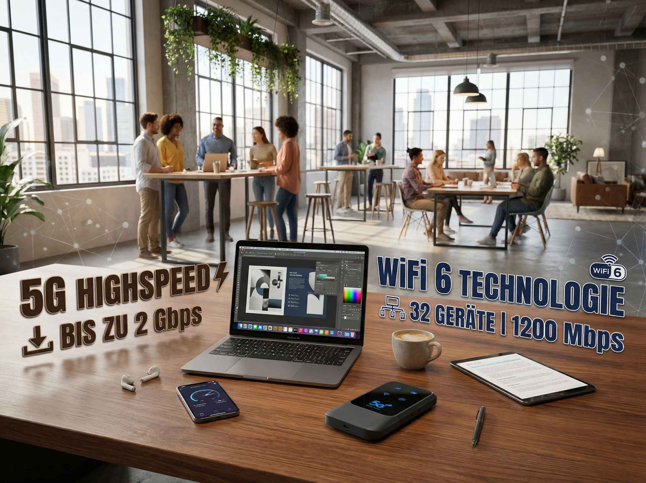Büro mit Menschen, Laptops, 5G und WiFi 6 Technologie.