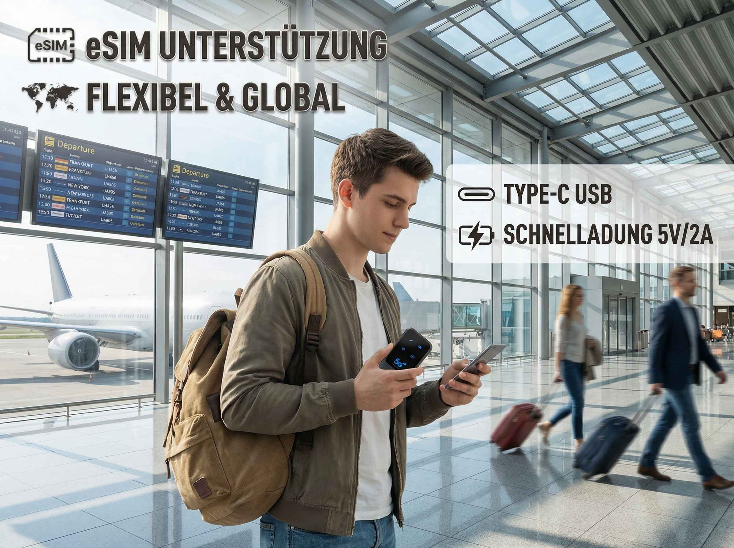 Mann im Flughafen hält Smartphone und Gerät mit 5G-Symbol. Fluganzeigen im Hintergrund.