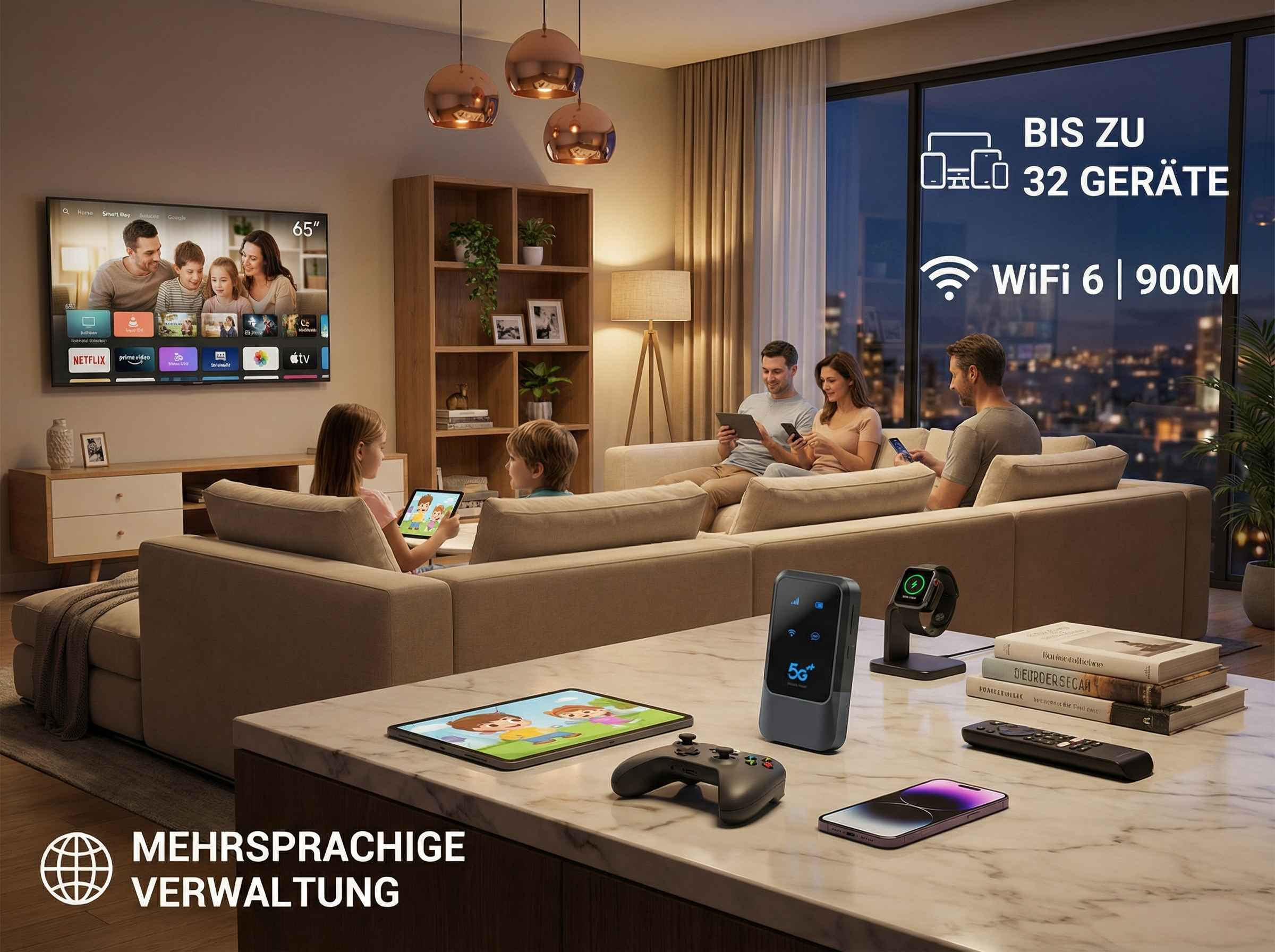 Familie im Wohnzimmer, 5G-Router, Apple Watch, Bücher, Controller, Telefon.