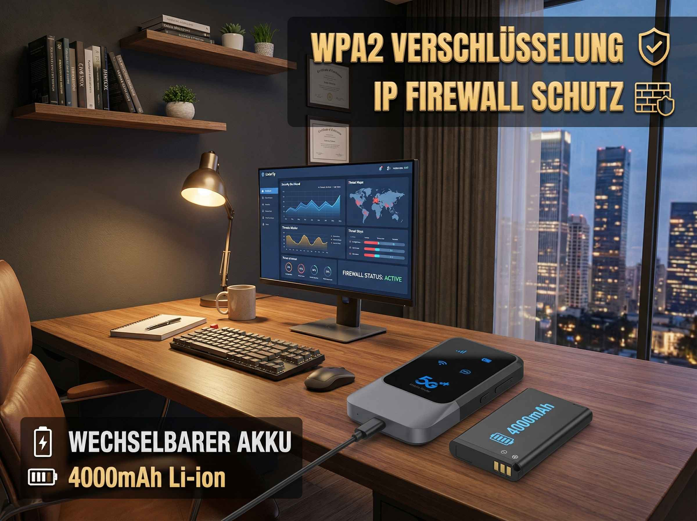 Ein 5G-Mobilrouter, Akku und ein Computerbildschirm mit Firewall-Status sind auf einem Schreibtisch.