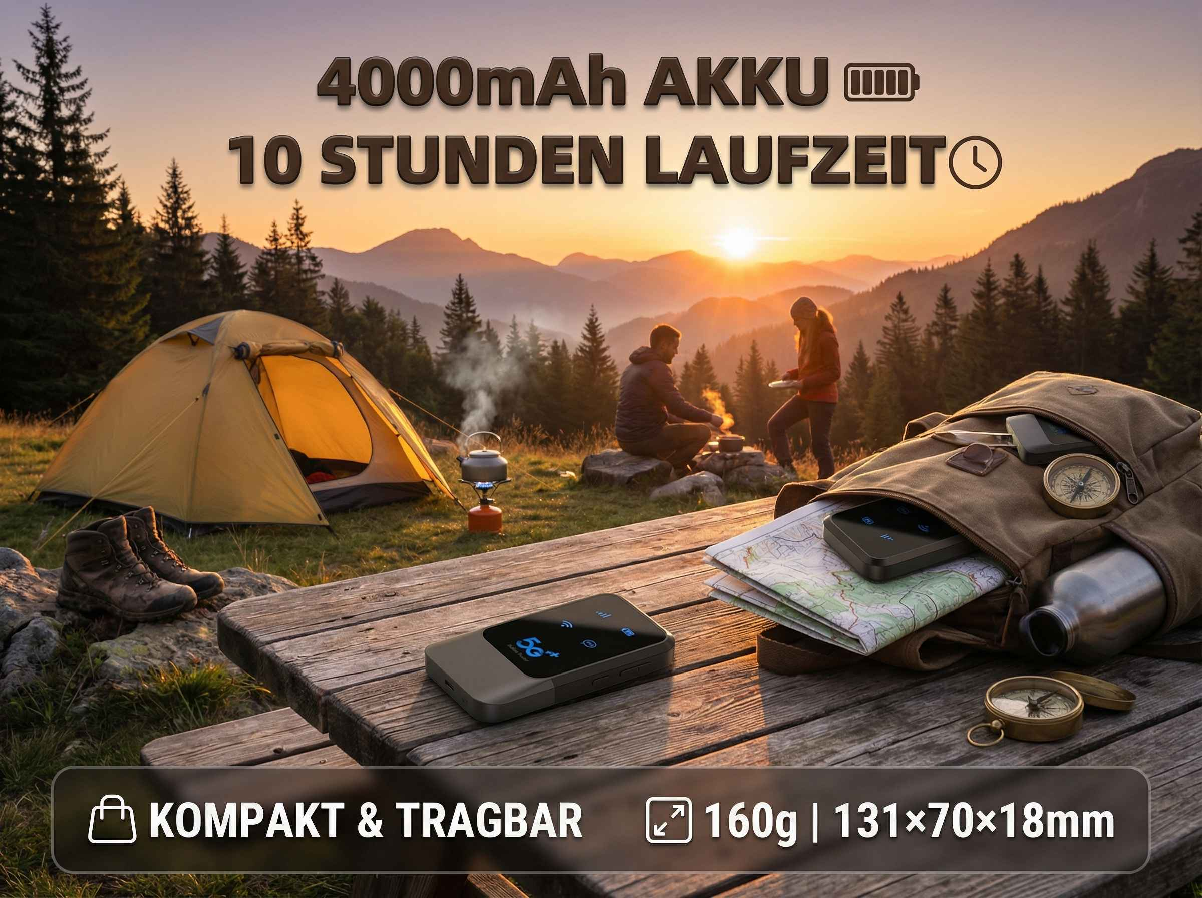 Camping-Szene bei Sonnenuntergang mit Zelt, Wanderstiefeln und Technik.