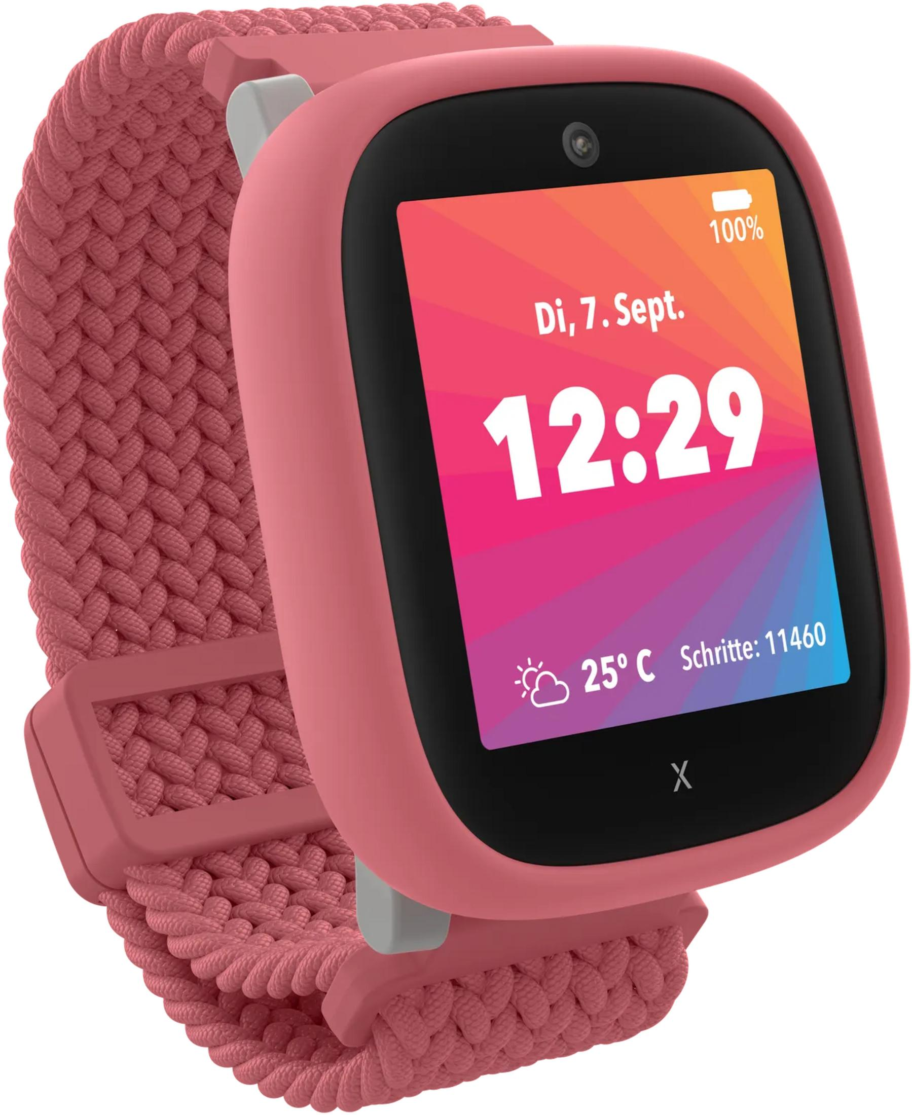 Uno smartwatch rosa con display colorato che mostra le 12:29 e batteria al 100%.