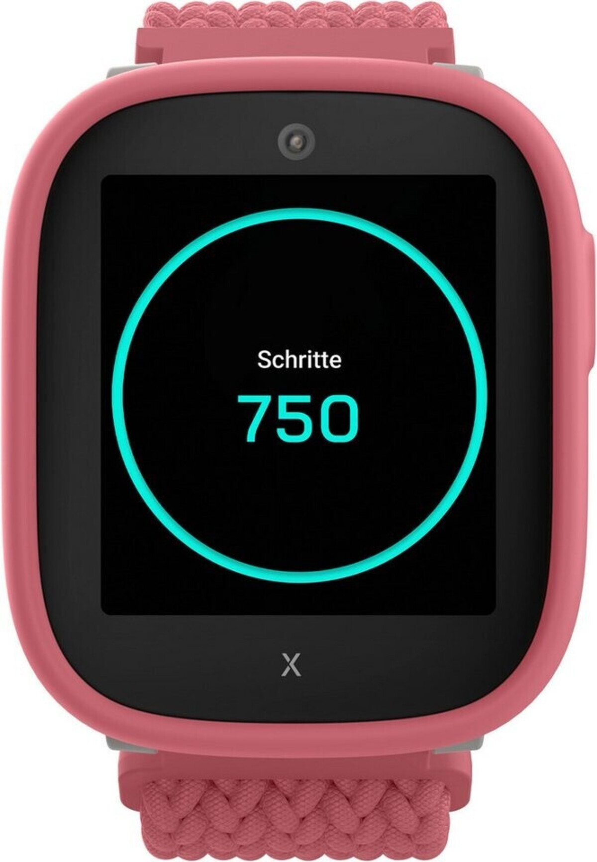 Uno smartwatch rosa mostra 750 passi su schermo nero.