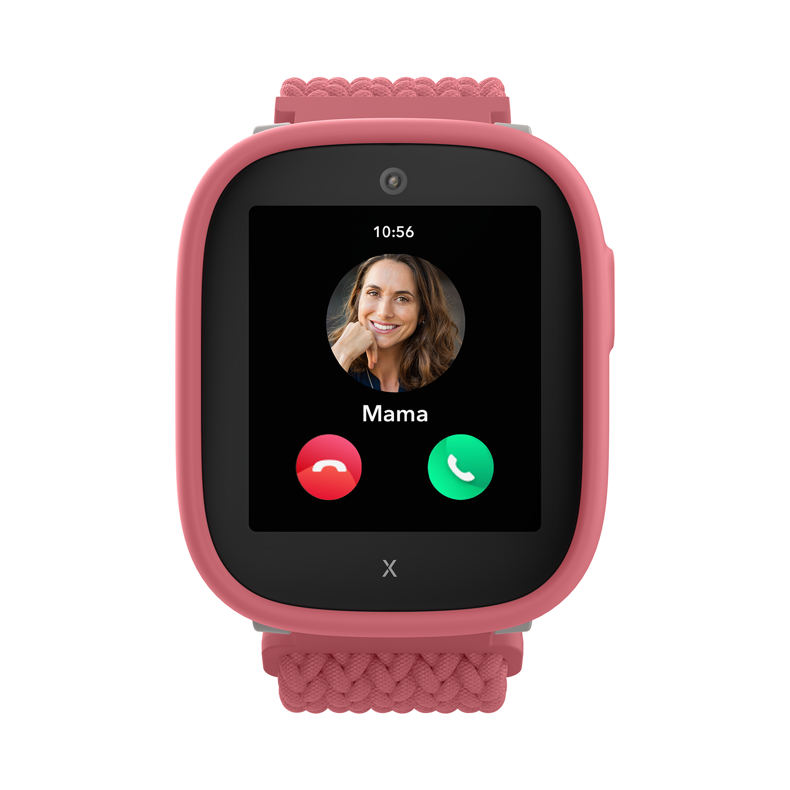 Uno smartwatch rosa visualizza una chiamata in arrivo da Mamma.