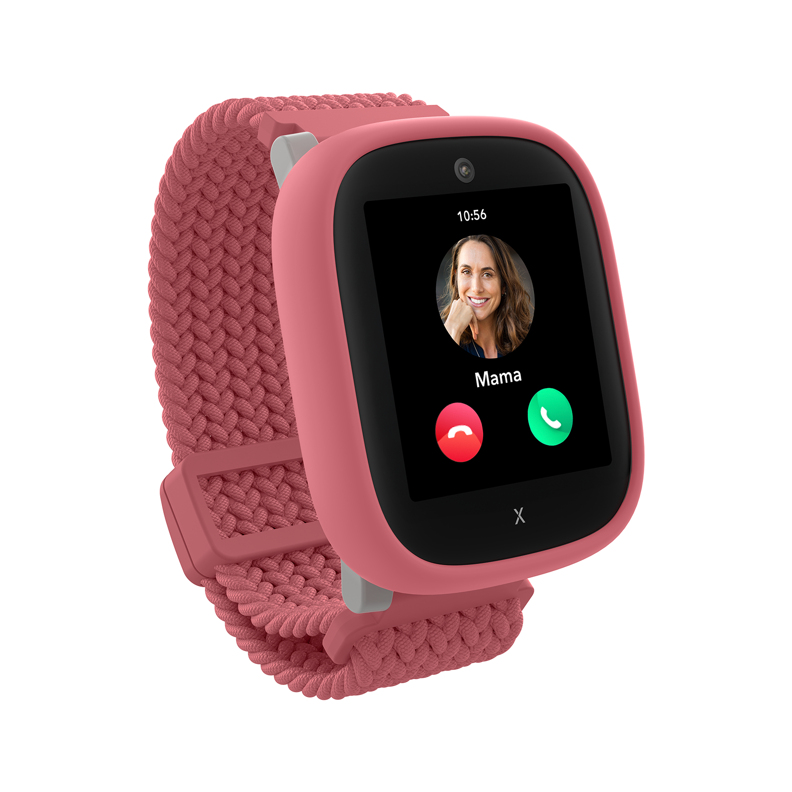 Uno smartwatch rosa mostra una foto di "Mamma" e opzioni di chiamata.