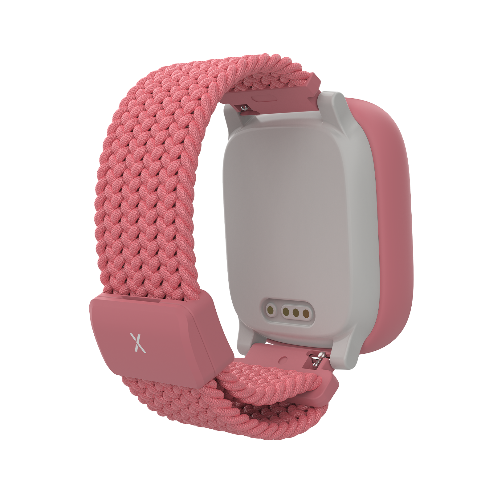 Uno smartwatch rosa con cinturino intrecciato e contatti di ricarica.