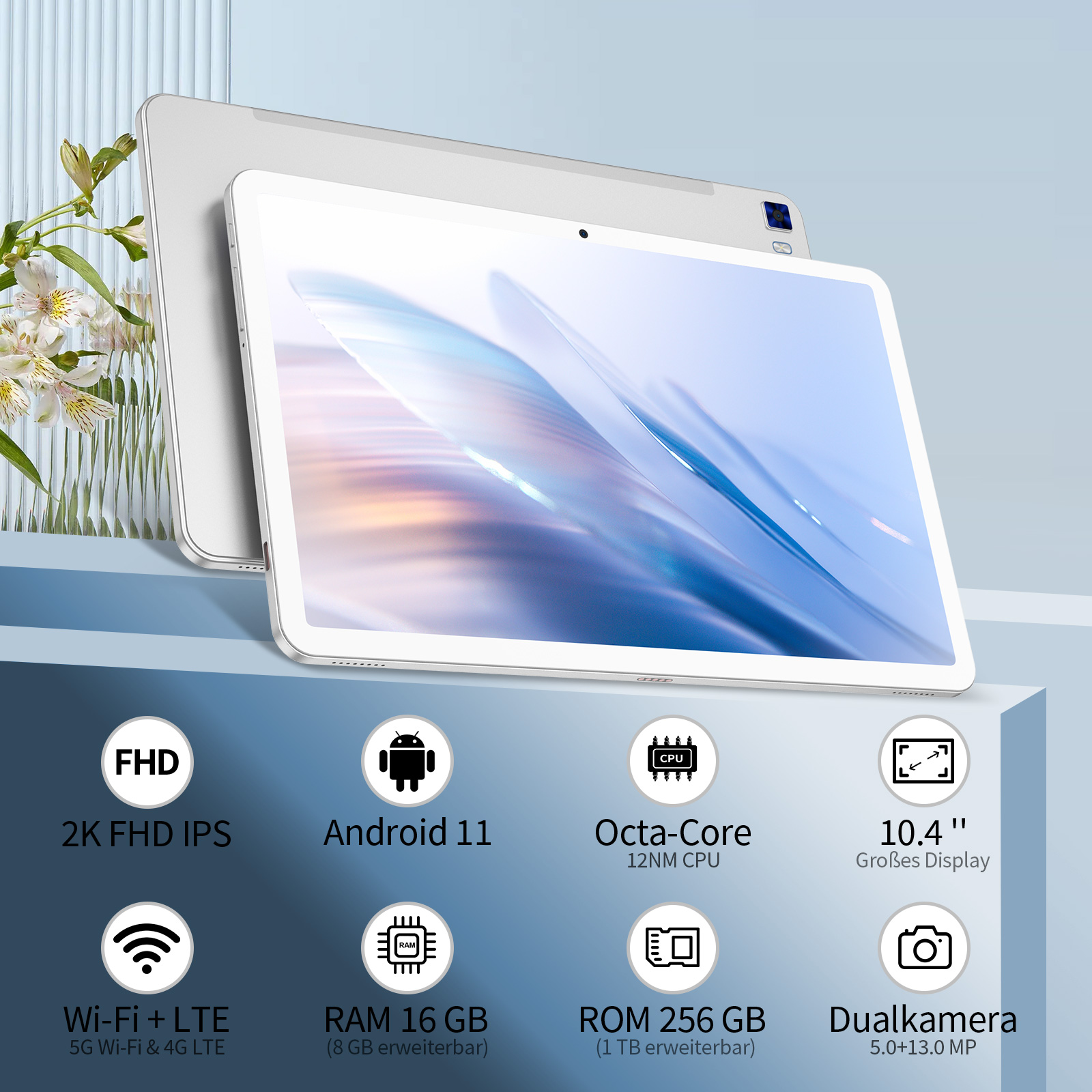 Ein weißes Tablet mit einem 10,4-Zoll-Display, Blumen und technischen Spezifikationen.