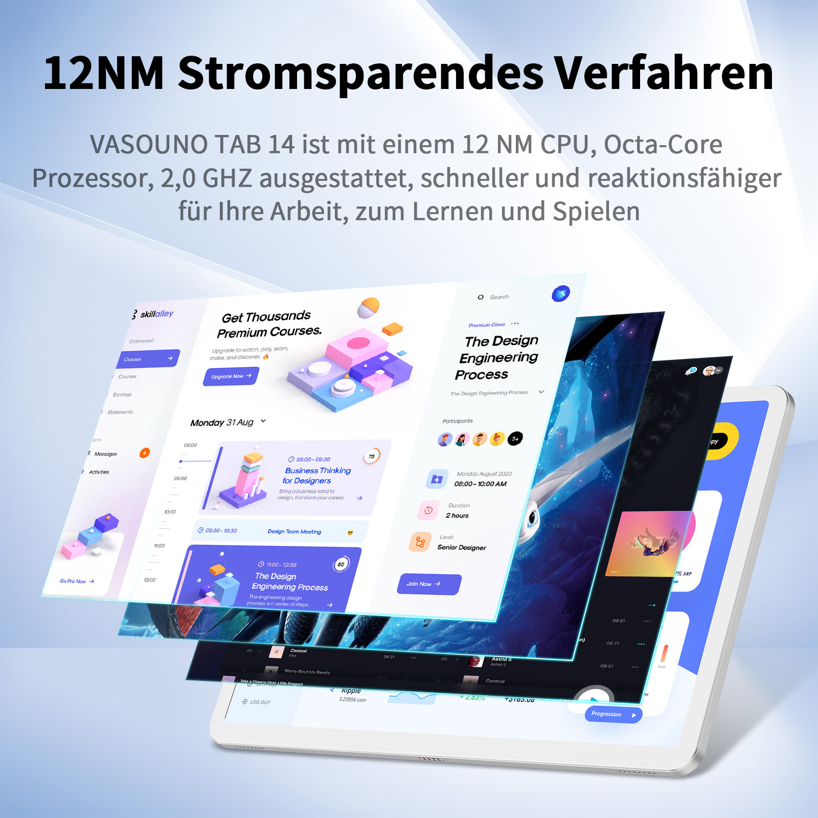 Tablet mit Benutzeroberflächen für Kurse, Zeitpläne und Musik. 12NM CPU Info.