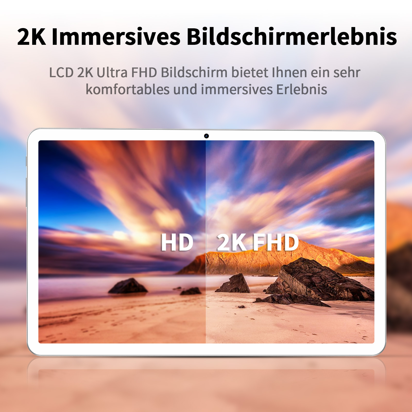 Ein Tablet zeigt zwei Ansichten einer Bucht: links HD, rechts 2K FHD.