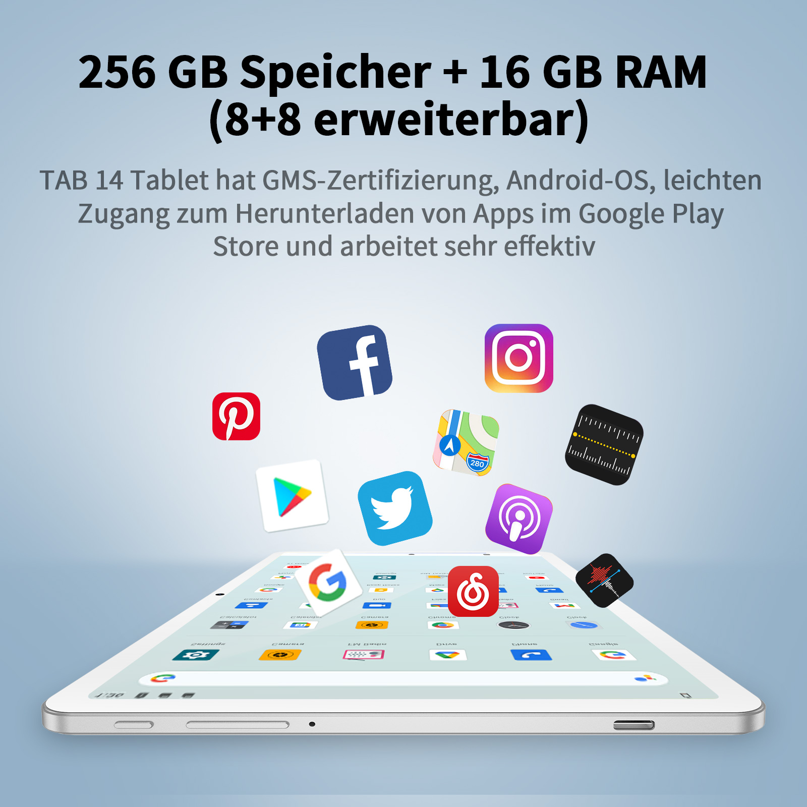 Tablet mit vielen App-Icons wie Facebook, Instagram, Google und mehr.