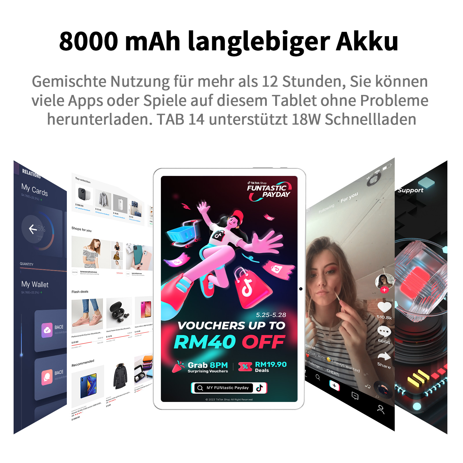 Tablet mit Angeboten: 8000 mAh Akku, Vouchers bis zu RM40 Rabatt, Shopping-Apps.