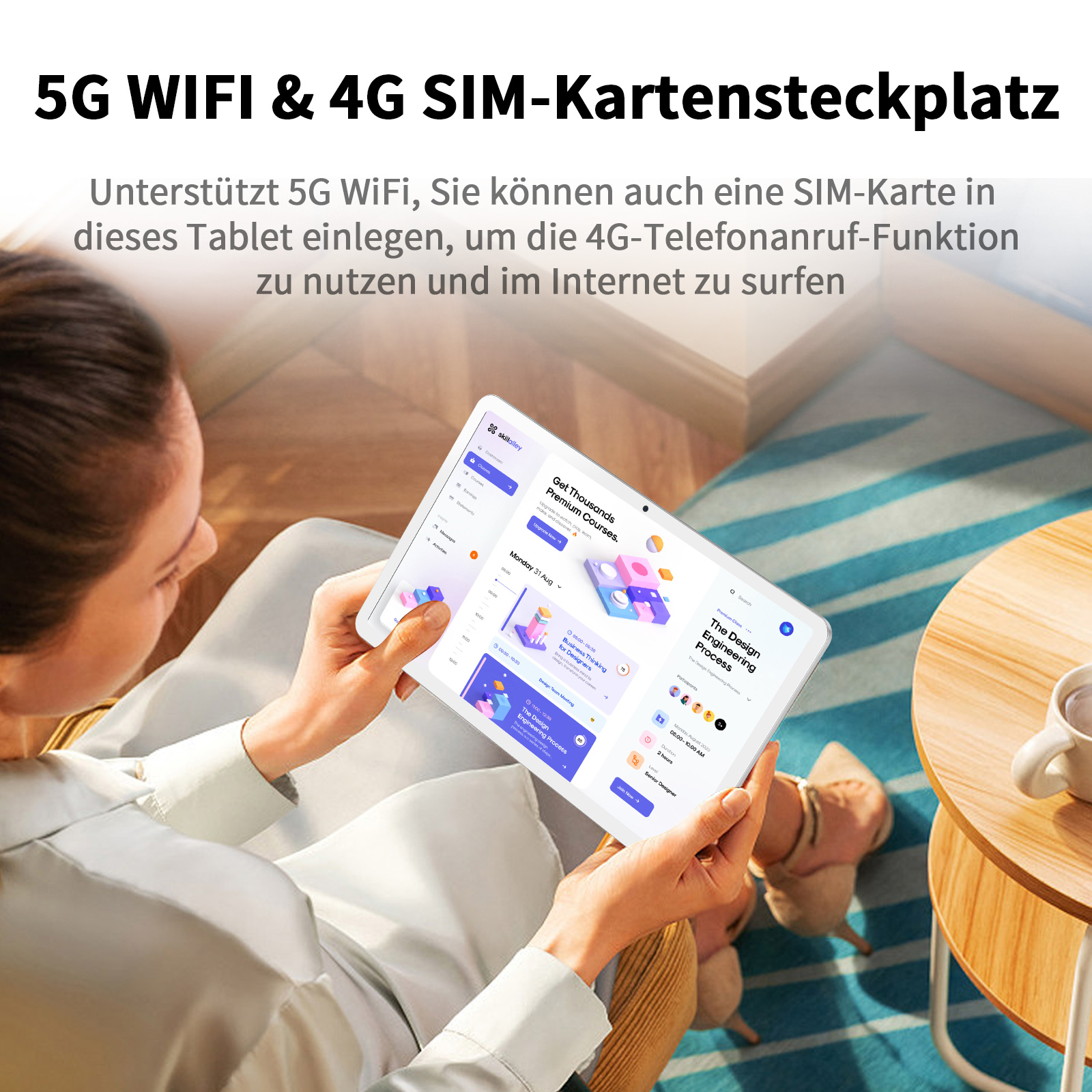 Eine Frau hält ein Tablet mit 5G WiFi und 4G SIM-Funktionen.