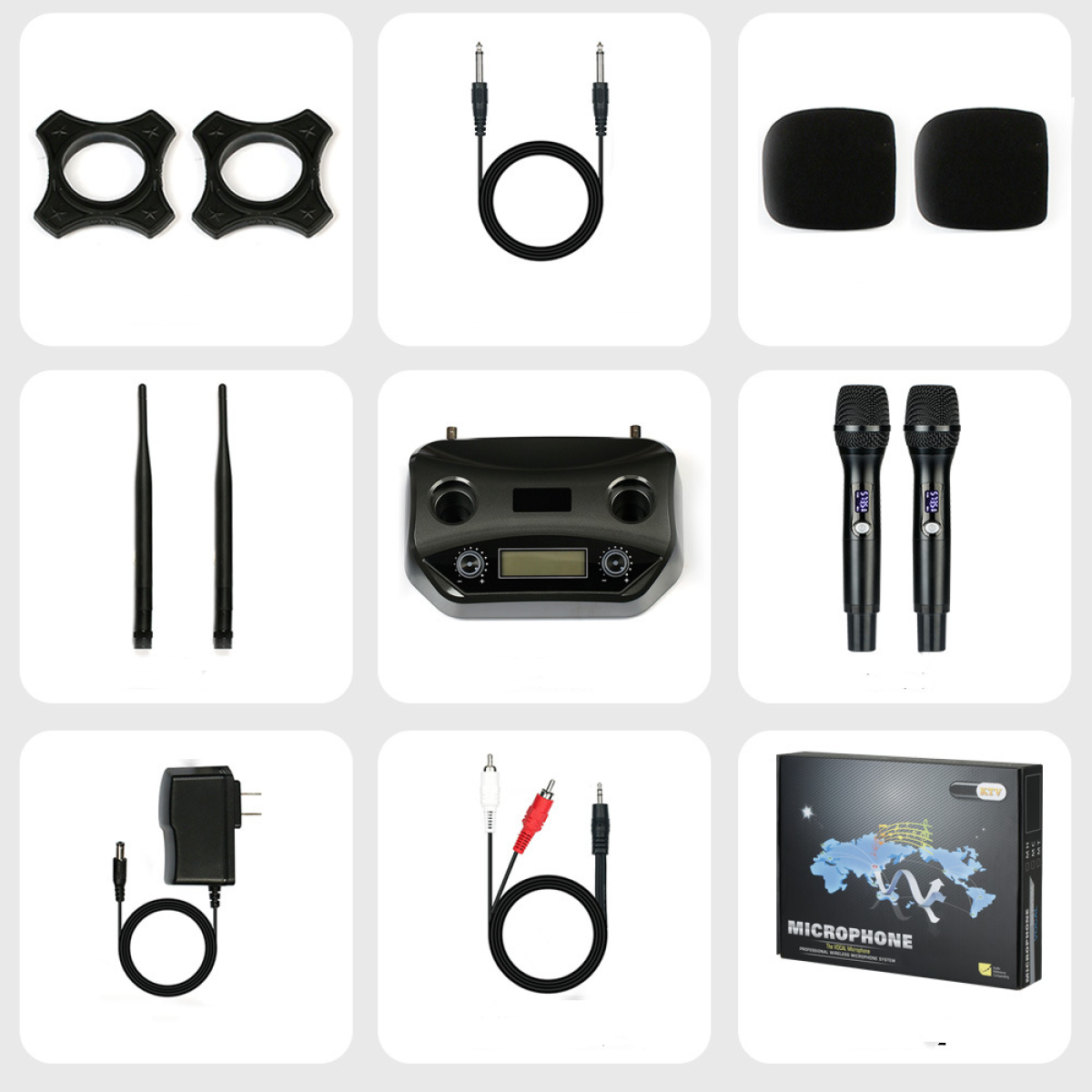 Zwei schwarze Mikrofonhalterungen, ein Audiokabel, zwei Schaumstoffabdeckungen.