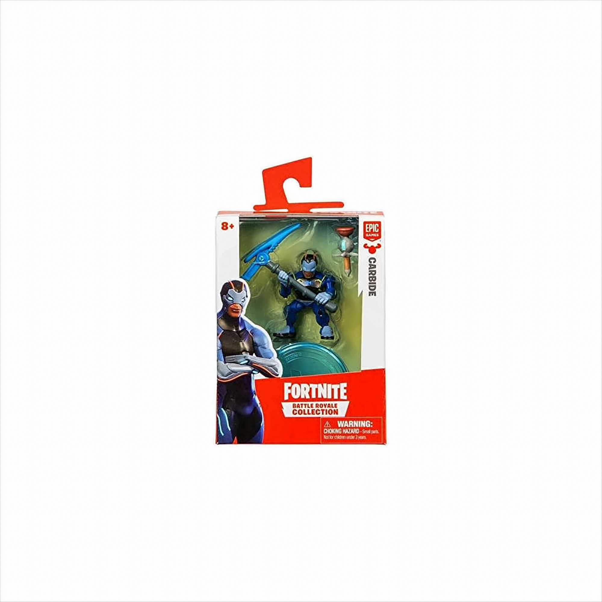 Fortnite-Spielzeugfigur 'Carbide' in Verpackung mit Werkzeug und Zubehör.