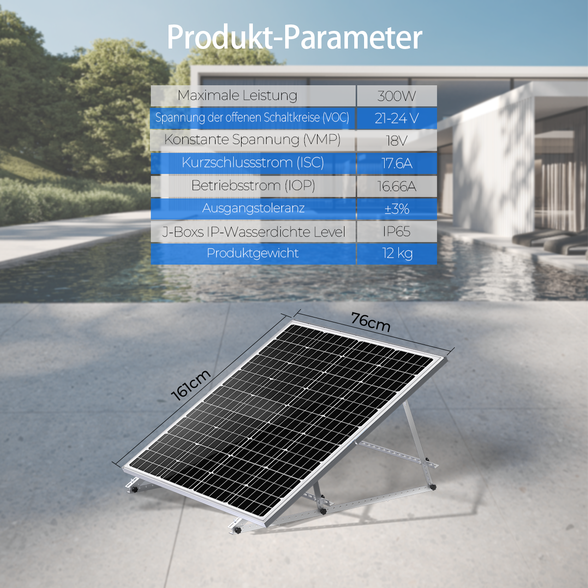 Ein Solarpanel mit Maßen 161x76cm steht auf einem Ständer, mit technischen Daten.