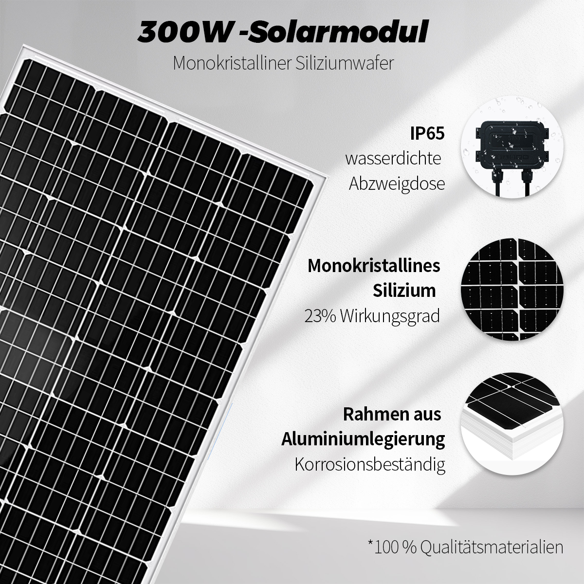 Ein 300W Solarmodul mit monokristallinem Silizium und IP65 Gehäuse.