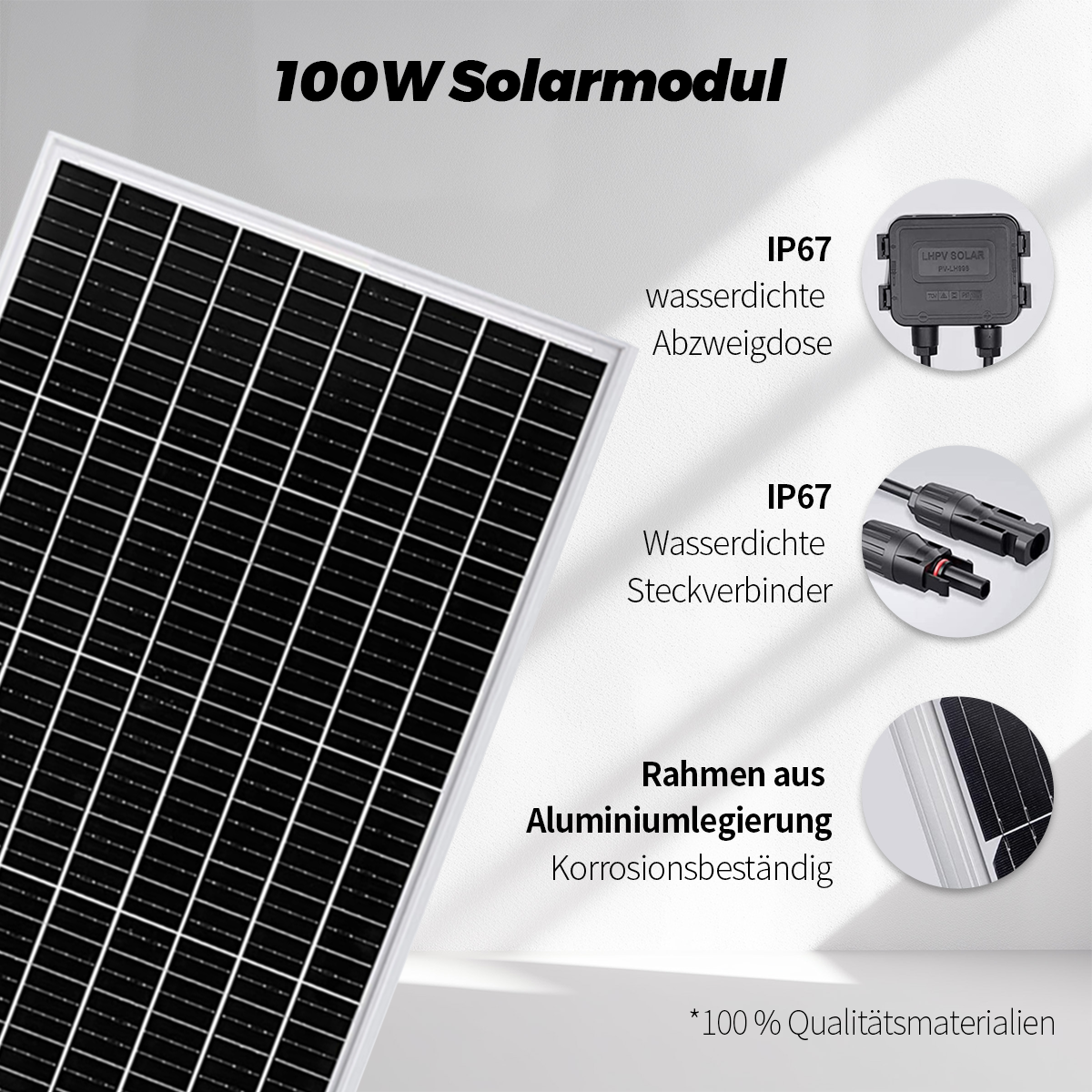 100W Solarmodul mit wasserdichter Anschlussdose und Steckverbindern.