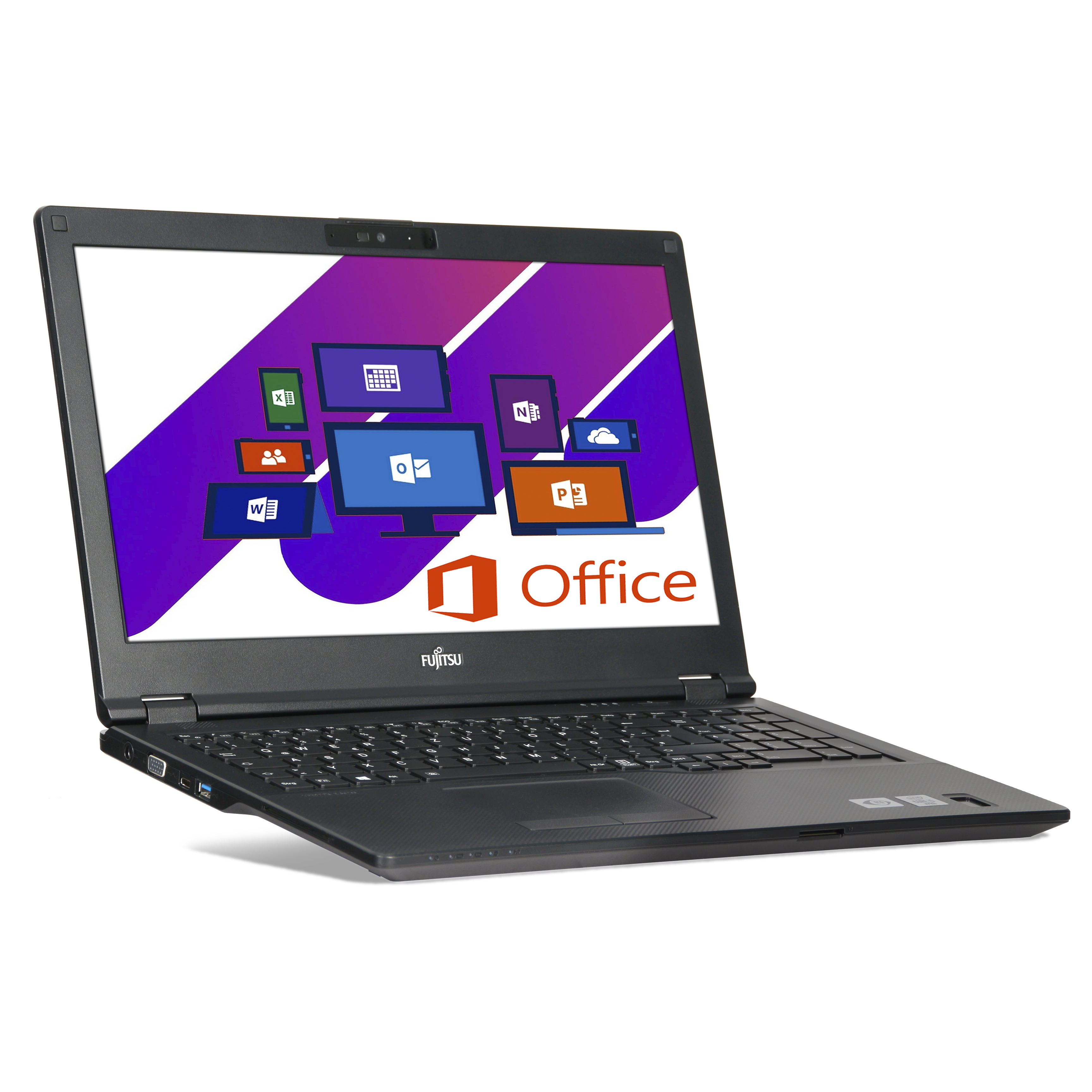 Ein offener schwarzer Fujitsu Laptop mit Microsoft Office Icons auf dem Bildschirm.