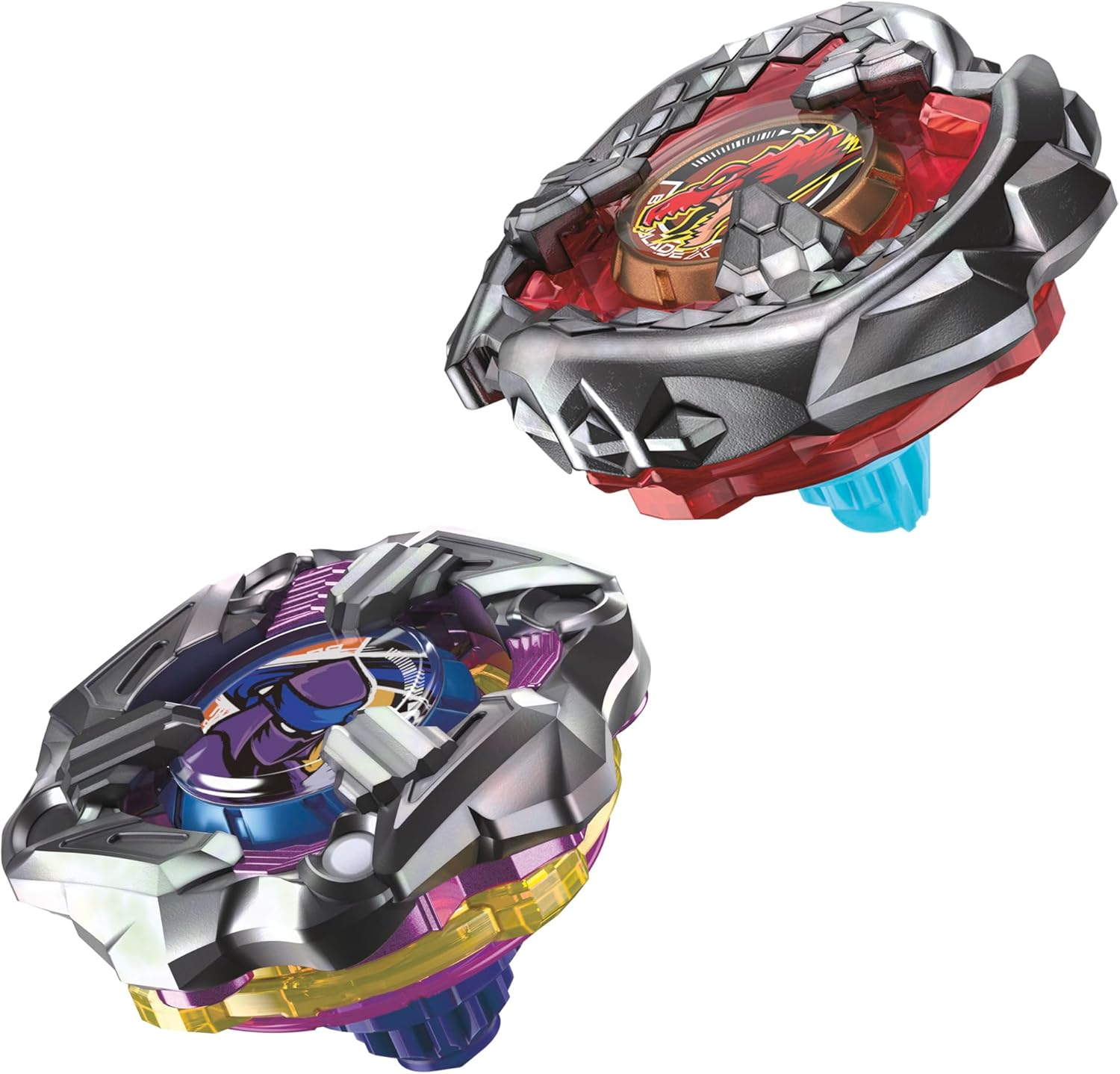 Due trottole Beyblade con design dettagliati in rosso e viola.