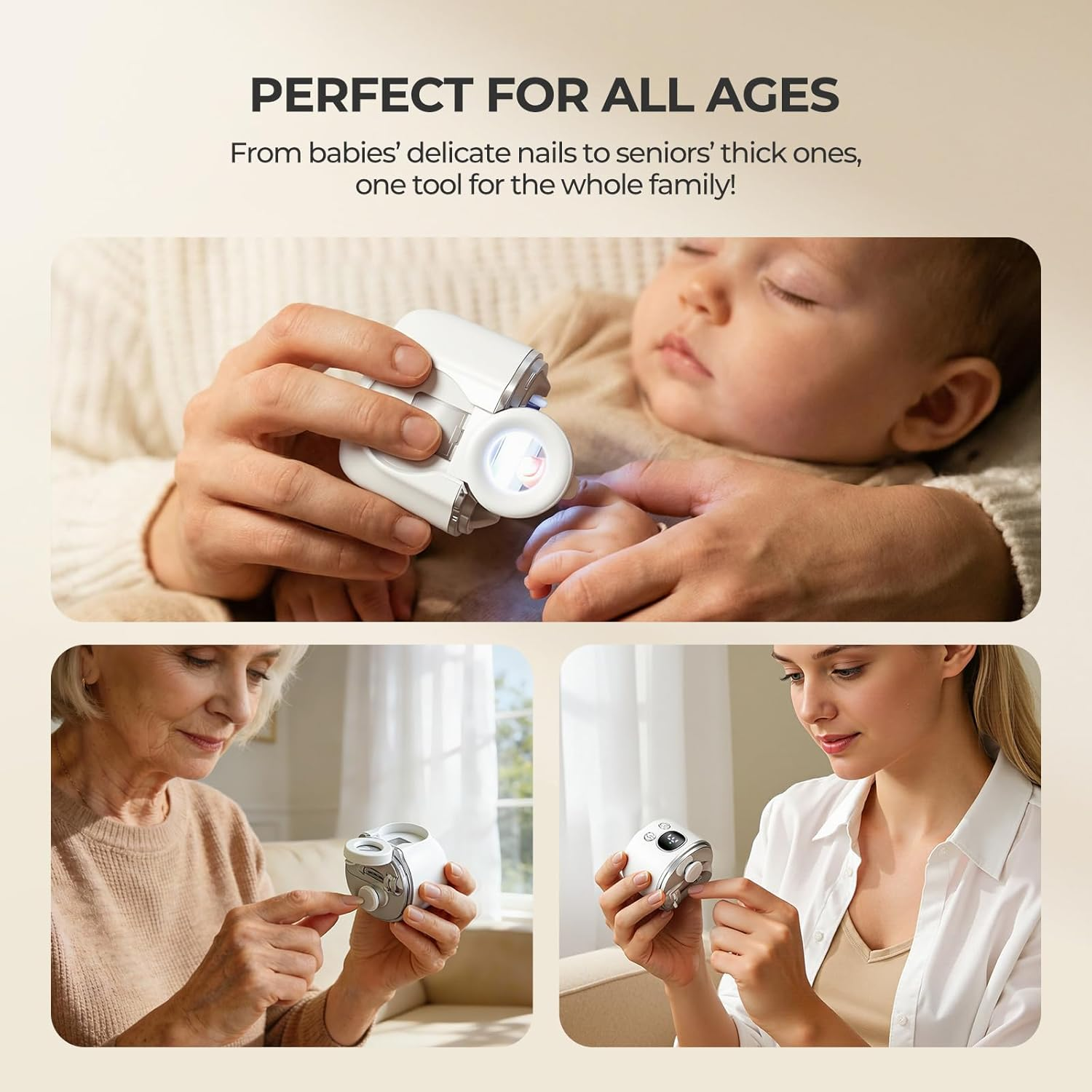 Ein Baby, eine ältere Frau und eine junge Frau benutzen einen Nageltrimmer.