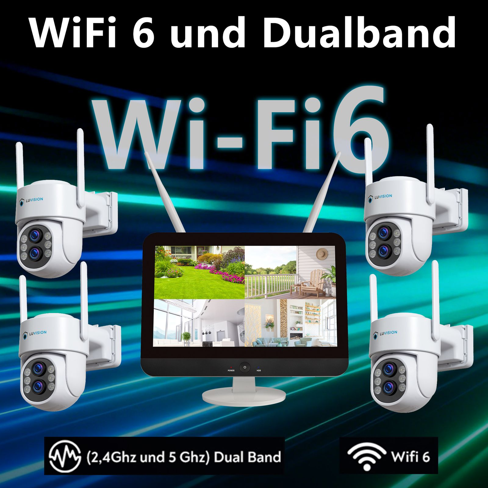 Vier weiße LUVision Kameras und ein Monitor zeigen mehrere Bilder. WiFi 6 Dualband.