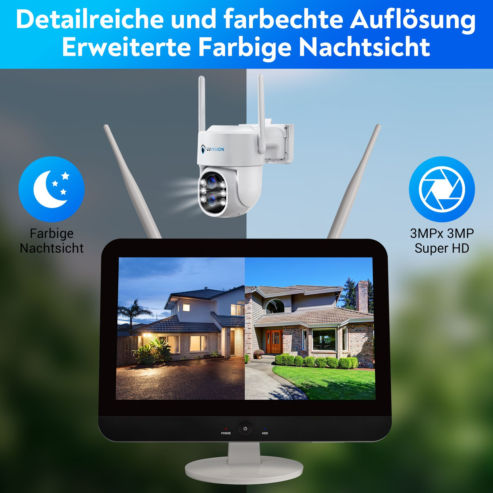 Überwachungskamera mit Farb-Nachtsicht und 3MP Super HD-Auflösung, zeigt Häuser bei Tag und Nacht.