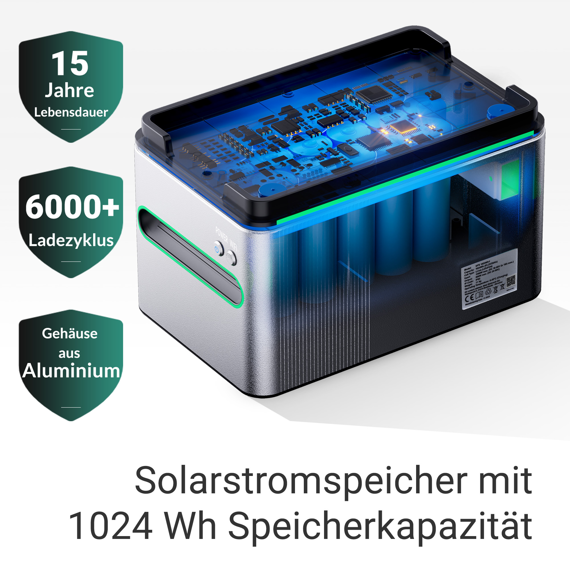 Silberner Energiespeicher mit sichtbaren Batterien und Leiterplatte. 15 Jahre Lebensdauer.