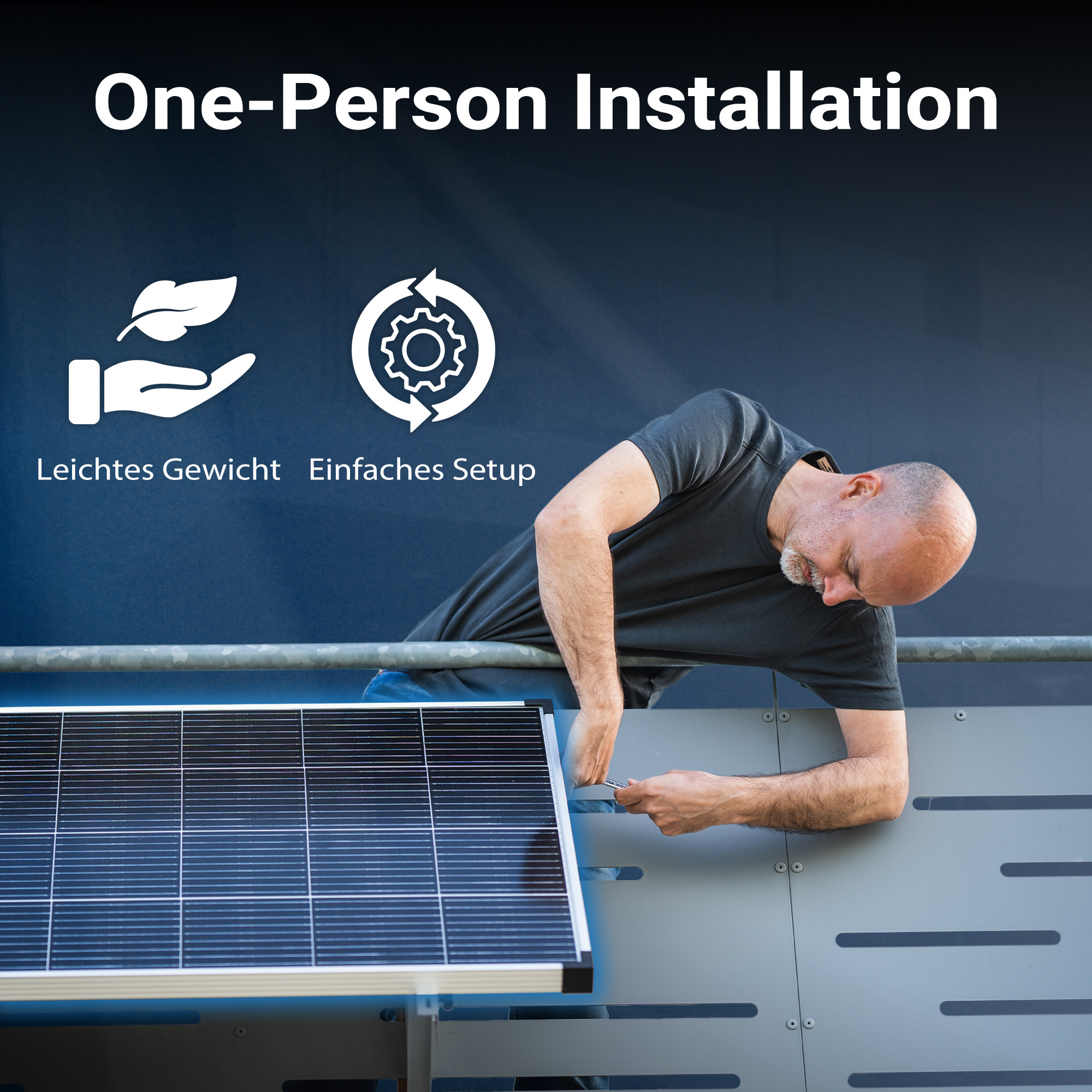 Mann installiert eine Solarplatte. Text: Leichte Installation.