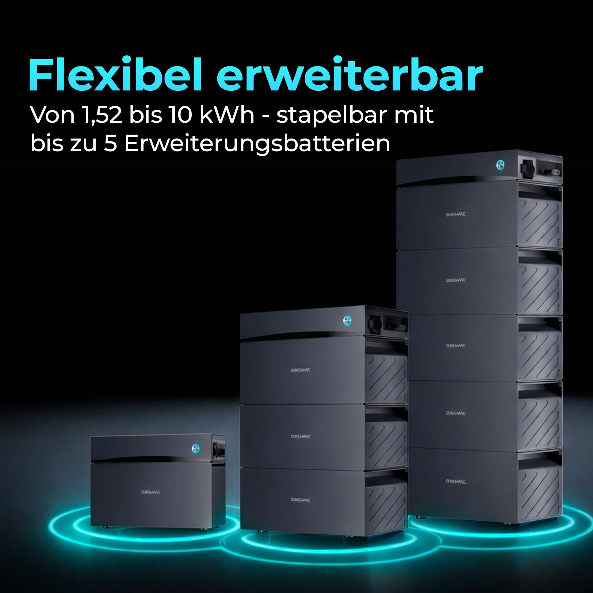 Drei Stapel dunkelgrauer Energiespeicher, beleuchtet mit blauem Schein.