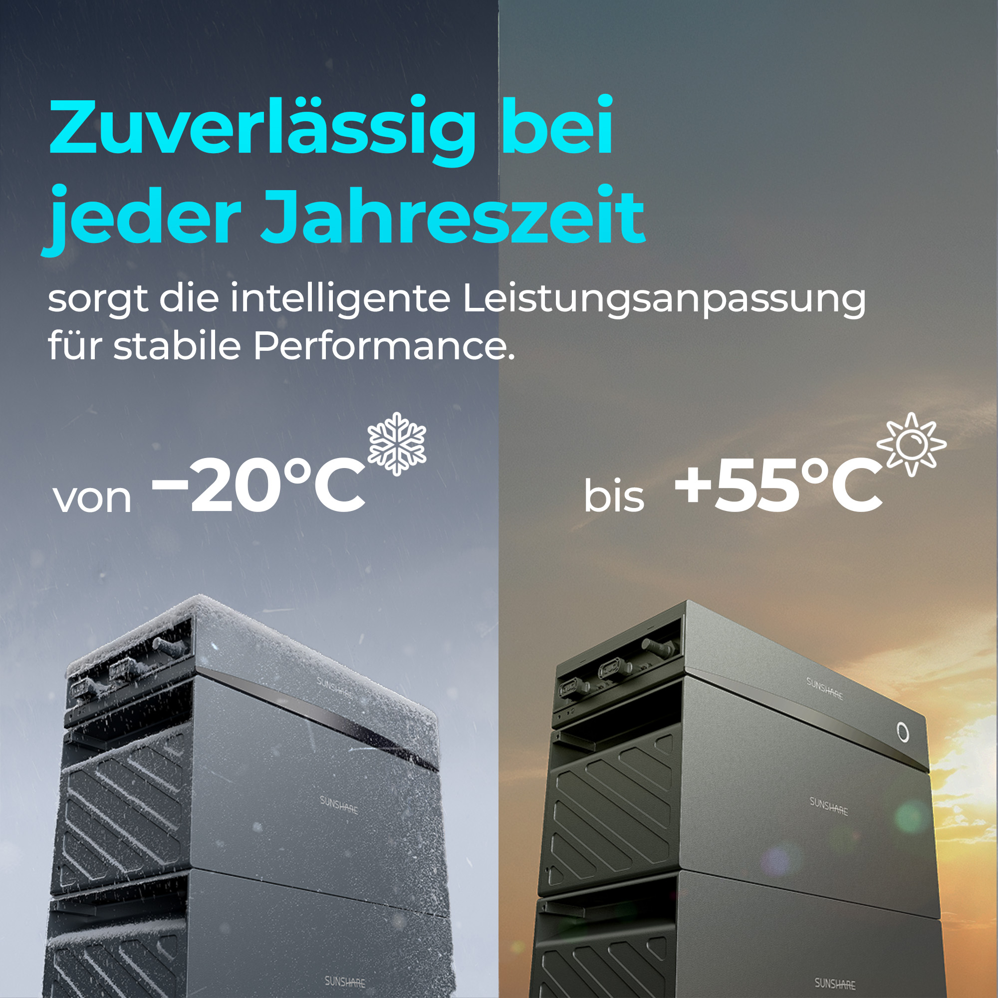 Energiespeicher bei -20°C und +55°C, robust bei jeder Jahreszeit.