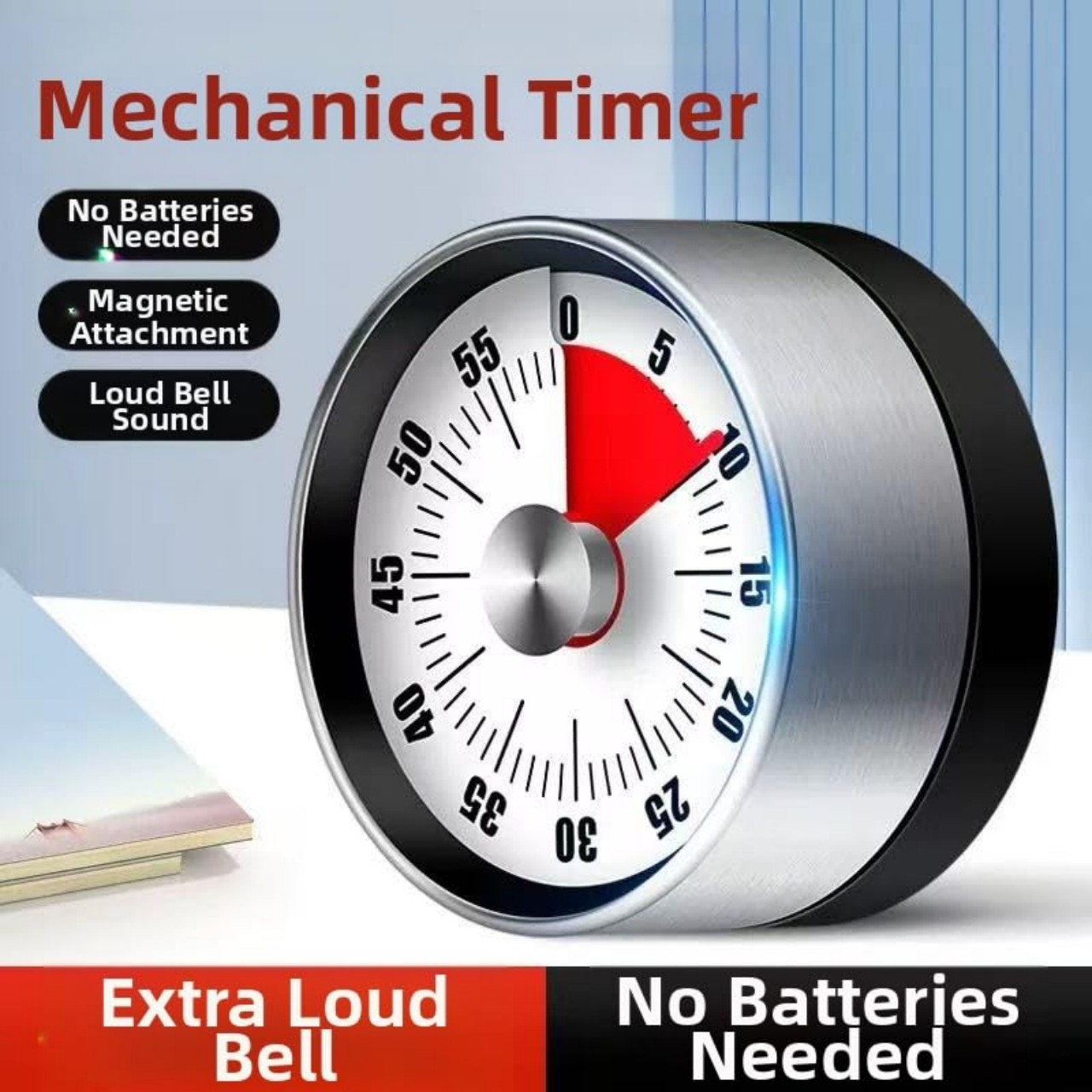 Mechanischer Timer ohne Batterien, mit rotem Sektor und Metallgehäuse.